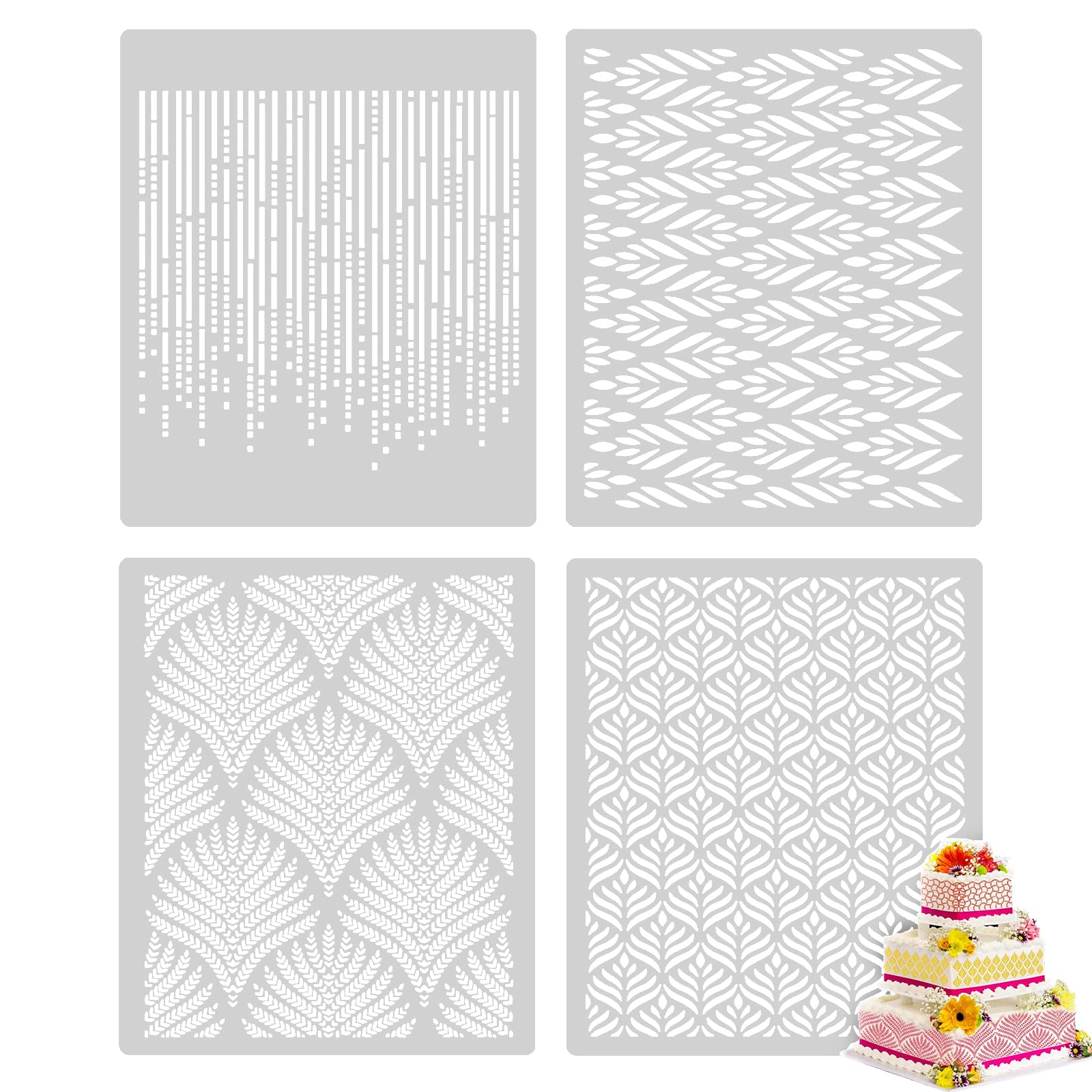 4-Piece Cake Decorating Stencils Set - Wheat Spike Lace Border & Buttercream Flower Embossing Molds for Fondant, Cookies, Desserts | DIY Baking Tools for Wedding, Birthday, Holiday Cakes