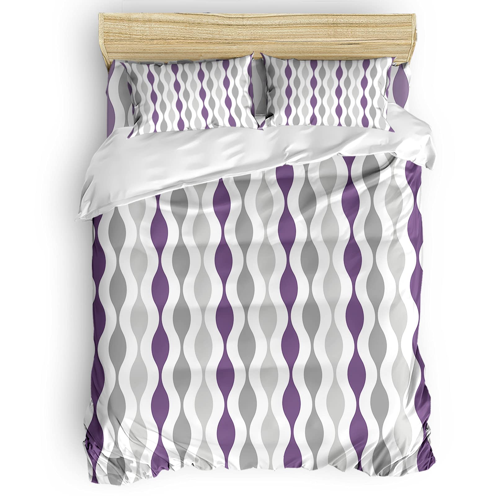 4 Piece California King Bedding Set - Purple Grey Striped Quilt with Pillow Shams & Sheets, Mid-Century Modern Abstract Design, Breathable Microfiber All-Season Bedspread | Perfect for Master Bedroom, Guest Room & Vacation Homes