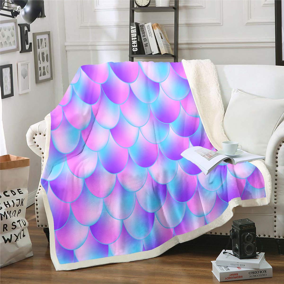 Mermaid Scales Fleece Throw Blanket 50x60 Inches - Soft Sherpa Plush Blanket for Couch, Sofa & Bed - Ocean Blue & Purple Decorative Blanket - Warm Fuzzy Blanket for Women, Girls - Perfect for Living Room, Bedroom Decor & Cozy Winter Nights