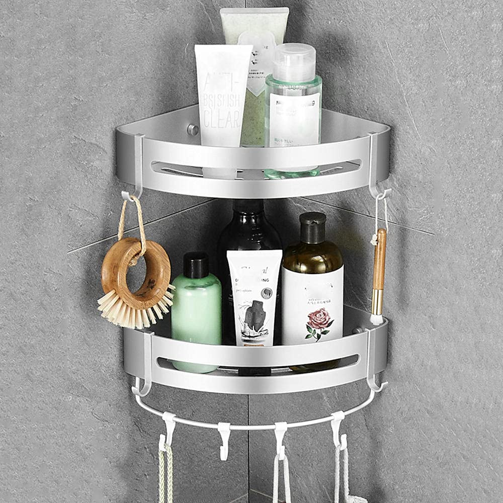 Corner Shower Caddy Organizer - No Drill Wall Mounted Bathroom Shelf with Hooks & Adhesive, Space-Saving Aluminum Shower Storage for Bath Essentials - Perfect for Small Bathrooms & Apartment Showers