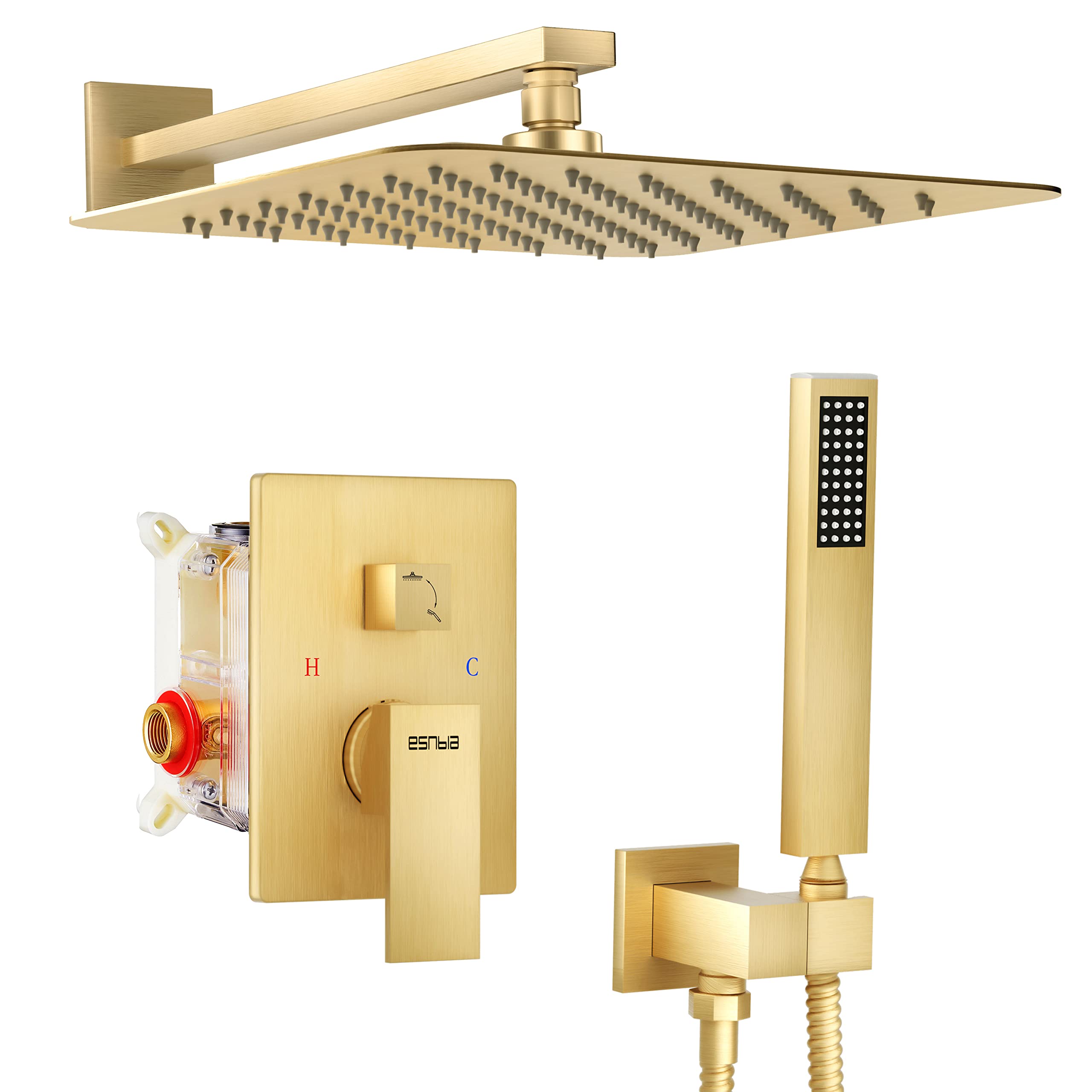 ESNBIA Brushed Gold Shower System - 10 Inch Rainfall Shower Head with Handheld Combo, Wall Mounted High Pressure Dual Shower Head Set, Shower Faucet with Valve & Trim for Luxurious Bathroom Upgrade | Perfect for Master Bath, Spa-Like Experience, Modern Home Renovation