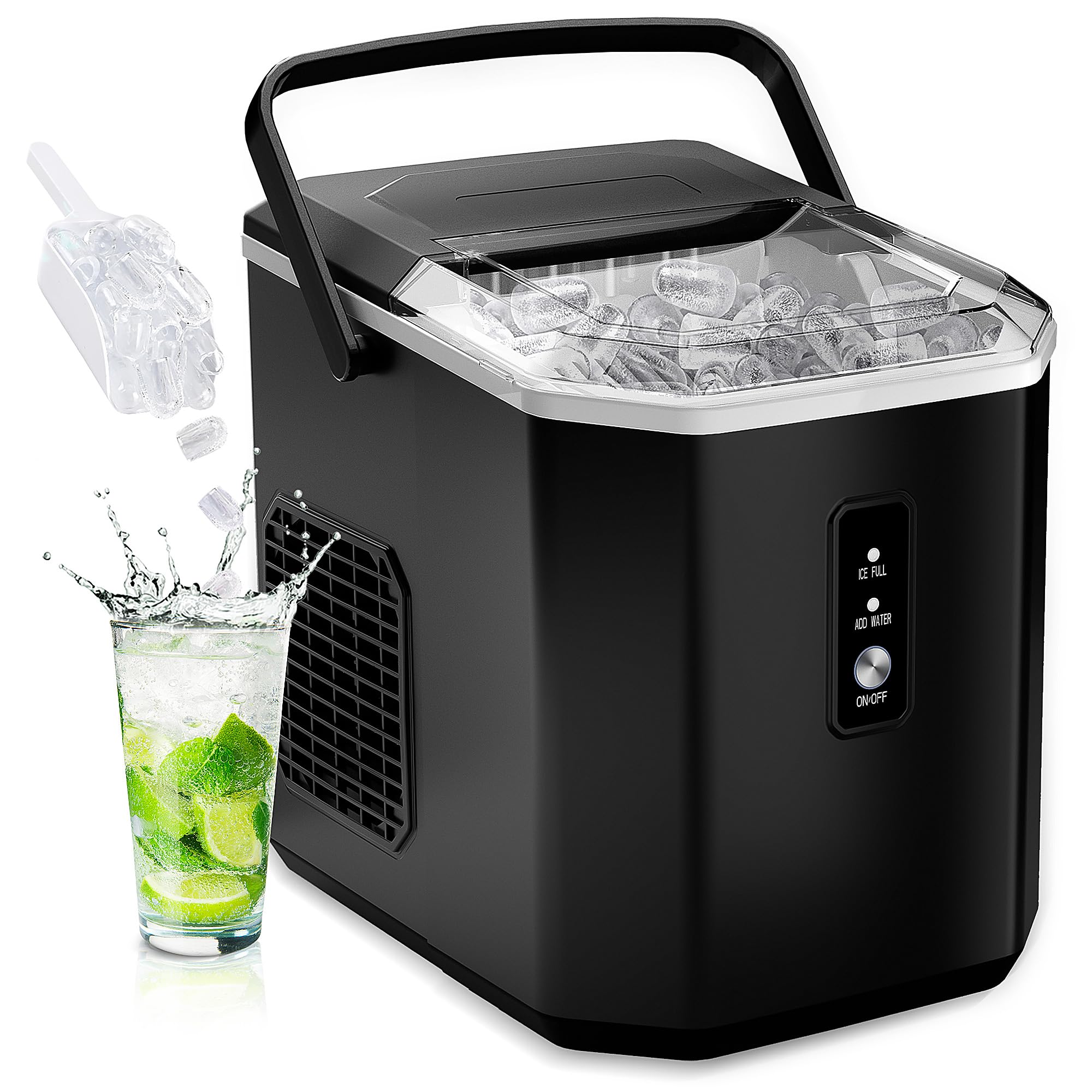 EUHOMY Countertop Ice Maker - 9 Ice Cubes in 6 Minutes, 26lbs Daily Output, Portable Ice Machine with Handle, Self-Cleaning w/ Scoop & Basket for Home, Kitchen, Office, RV, Boat, Camping (Black) | Perfect for Cocktails, Parties, Outdoor Adventures & Small Spaces
