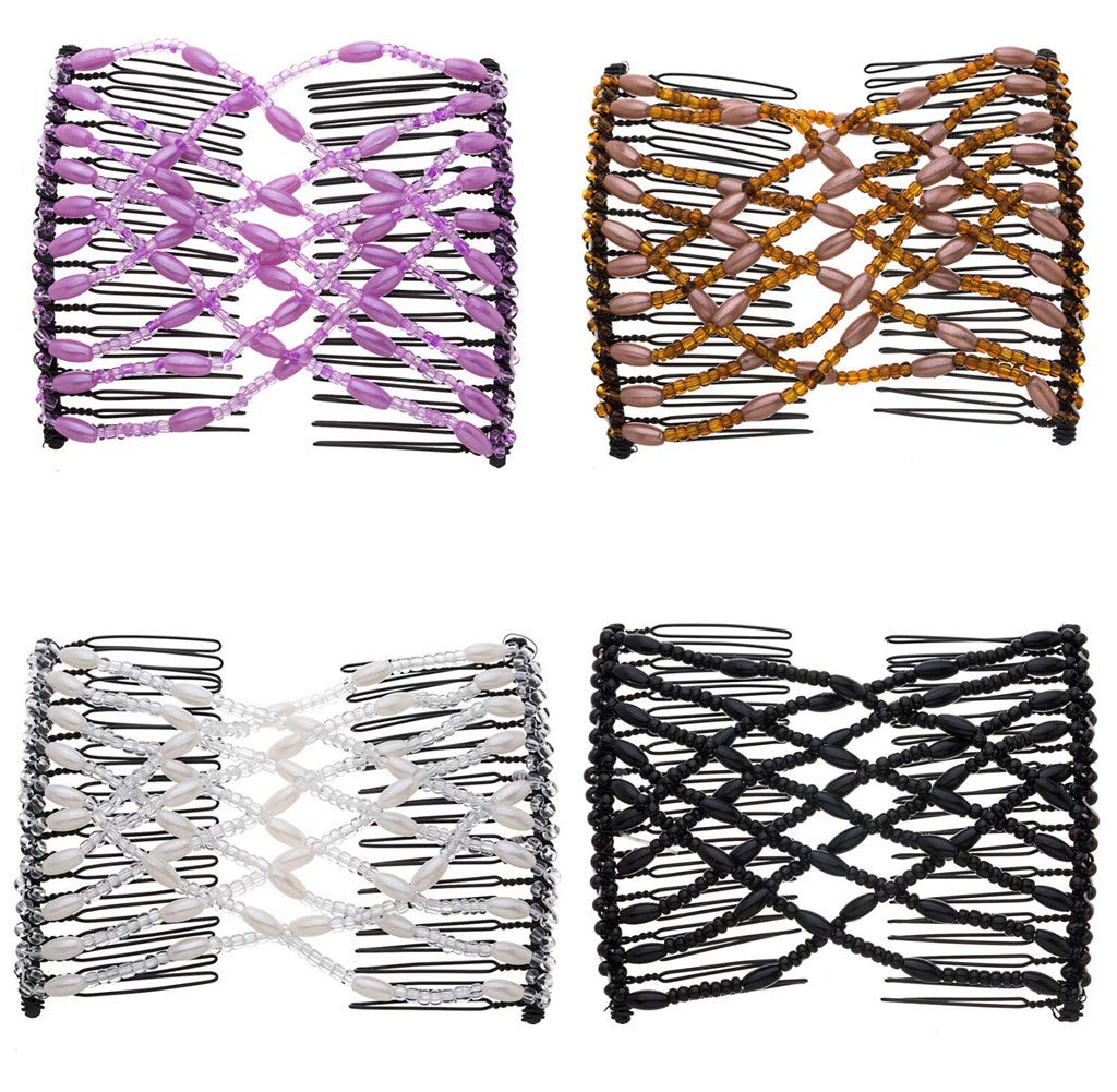 LOVEF Women's Magic Hair Comb Beads - Stretchy Double Slide Metal Hair Clips, Multifunctional Hairpins for Women (4-Pack) - Perfect for Updos, Ponytails & Everyday Hairstyles