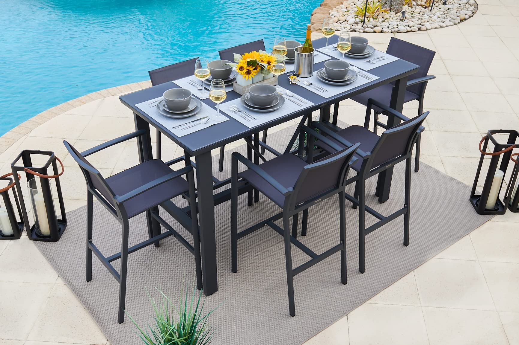 Juno 7-Piece Aluminum Outdoor Patio Furniture Set - Charcoal Bar Table with 6 Sling Chairs | Durable Weather-Resistant Backyard Dining Set for Poolside, Garden & Outdoor Entertaining
