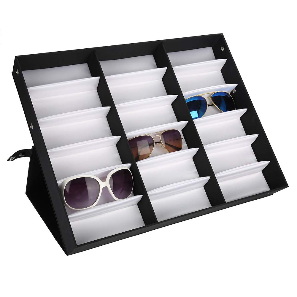 QONBV 18-Slot Foldable Eyeglass Case - Sunglasses Storage Organizer & Jewelry Display Stand - Black Glasses Holder (18.7