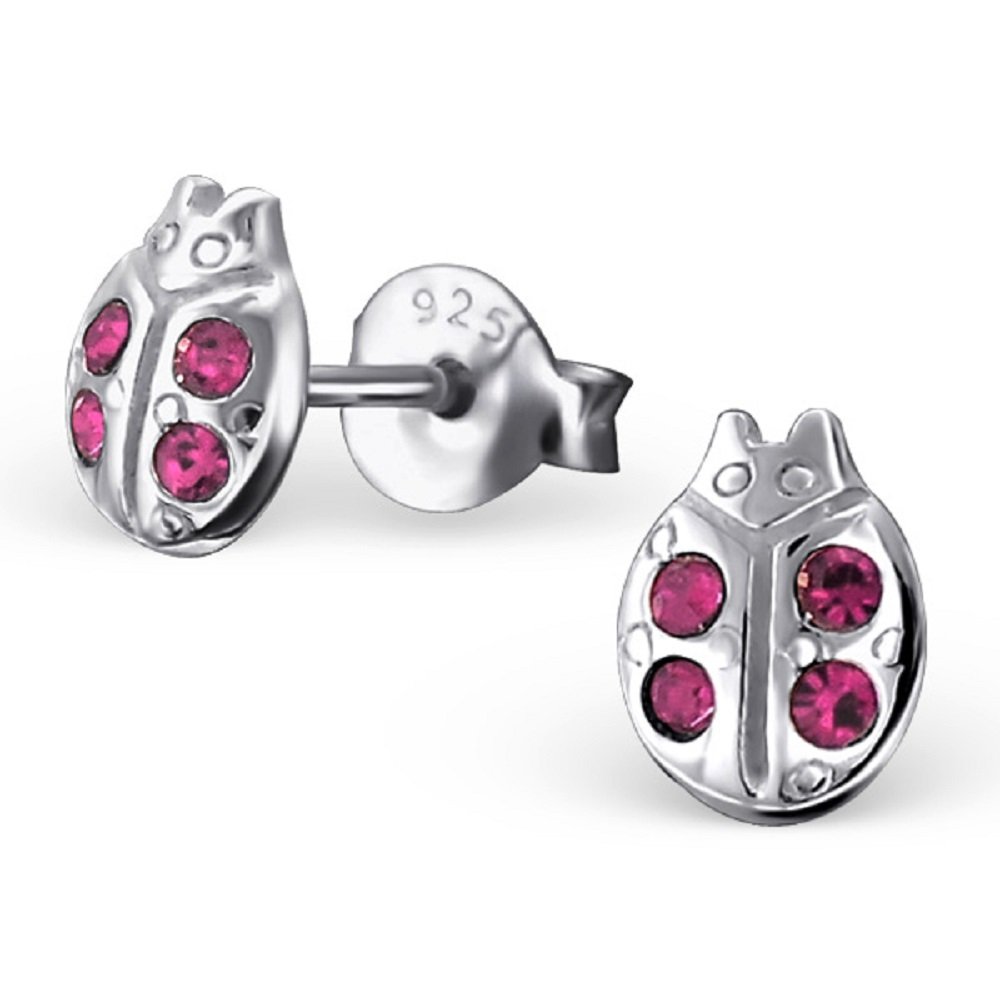 925 Silver Ladybug Stud Earrings with Rose Crystals - Gift for Her