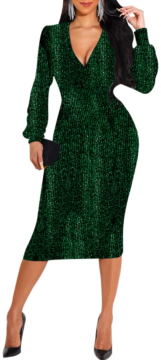Sexy Sparkly Long Sleeve Bodycon Dress for Women - Deep V Neck Elegant Club Midi Dress for Party, Night Out & Special Occasions