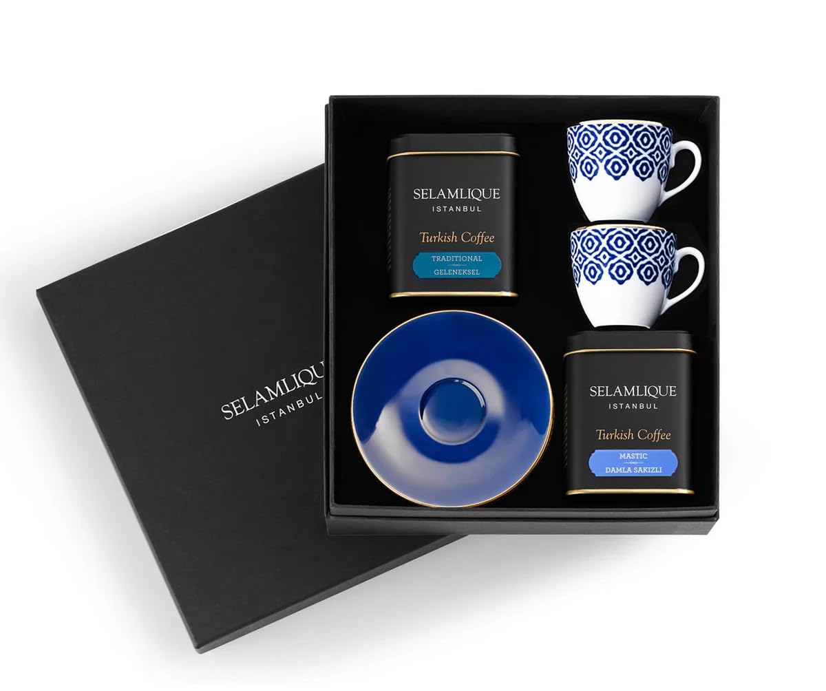 Selamlique Istanbul Turkish Coffee Cup Set - 2-Piece Blue & White Traditional Turkish Coffee Cups for Authentic Brewing & Serving | Perfect for Home, Cafe & Gift Giving