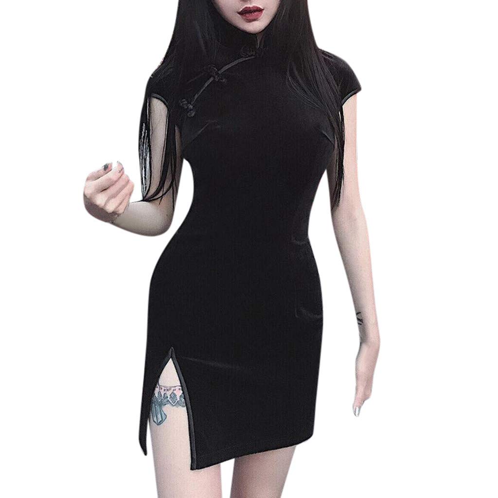 **Gothic Punk Chinese Cheongsam Dress for Women - Vintage Bodycon Mini Dress with High Slit, Elegant Funeral & Summer Fashion**    *(Perfect for Gothic Parties, Vintage Events, Summer Outings & Elegant Occasions)*