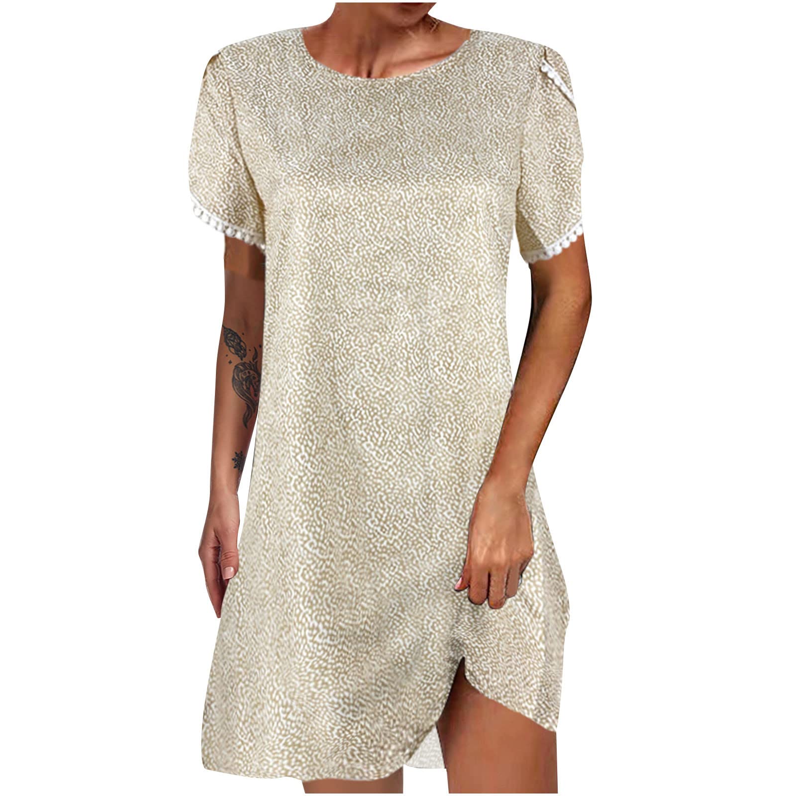 Women's Floral Printed Lace Round Neck Short Sleeve Mini Dress - Casual & Dressy Basic T-Shirt Dress for Summer, Date Night, Office Wear & Vacation Outfits