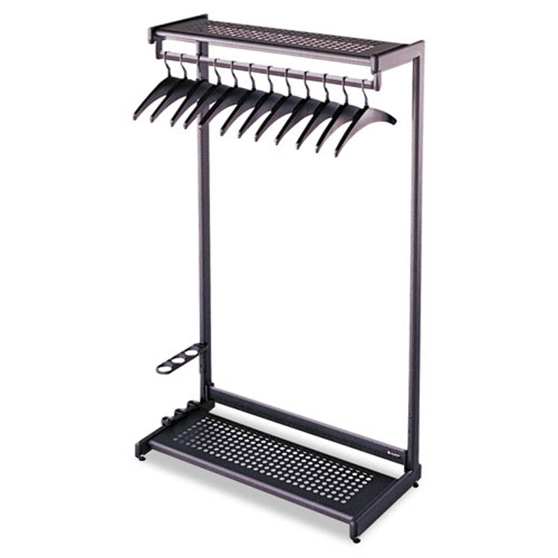 Heavy Duty Single Sided Garment Rack with Hat Shelf, Boot Storage & Umbrella Holder - Space Saving Clothes Organizer with Hangers for Closet, Bedroom, Laundry Room or Entryway (Black)