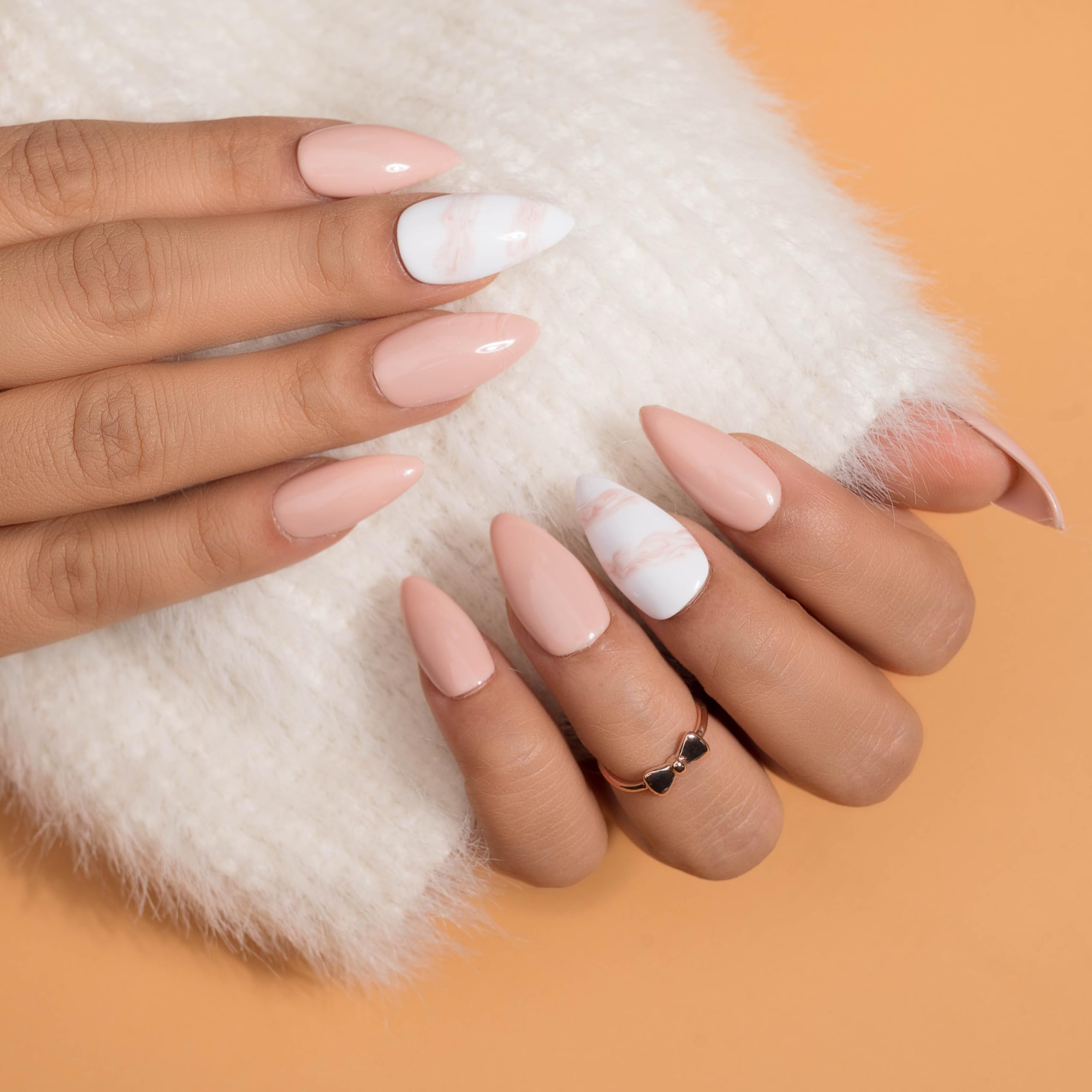 Nude Marble Press On Nails - 20 Pcs Acrylic Stick On Nails with Glue Tabs | Reusable, Easy to Apply & Long Lasting Fake Nails for Women | Perfect for Weddings, Parties & Everyday Wear