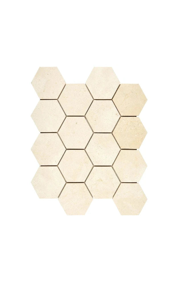 Premium Crema Marfil Marble 3-Inch Hexagon Mosaic Tile – Natural Stone Floor & Wall Tile for Bathroom, Kitchen Backsplash, and Shower Design