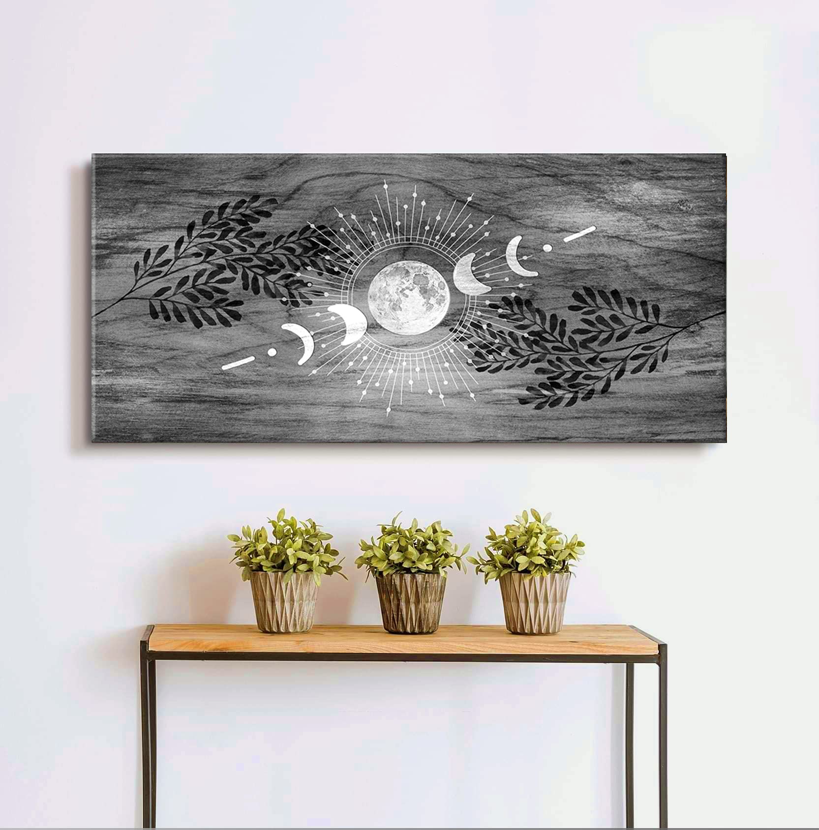 Boho Moon Phases Framed Large Canvas Wall Art - Bohemian Home Decor with Modern Rustic Style (Grey, 42x19 Inches) - Perfect for Living Room, Bedroom & Office Wall Decor
