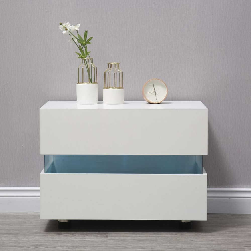 DYRABREST Night Stand with Drawers - White/Black Bedside Table with Multi-Color LED Backlight (23.6x17.7x15.3 Inches) - Modern Bedroom Furniture for Small Spaces, Dorm Rooms & Apartment Living