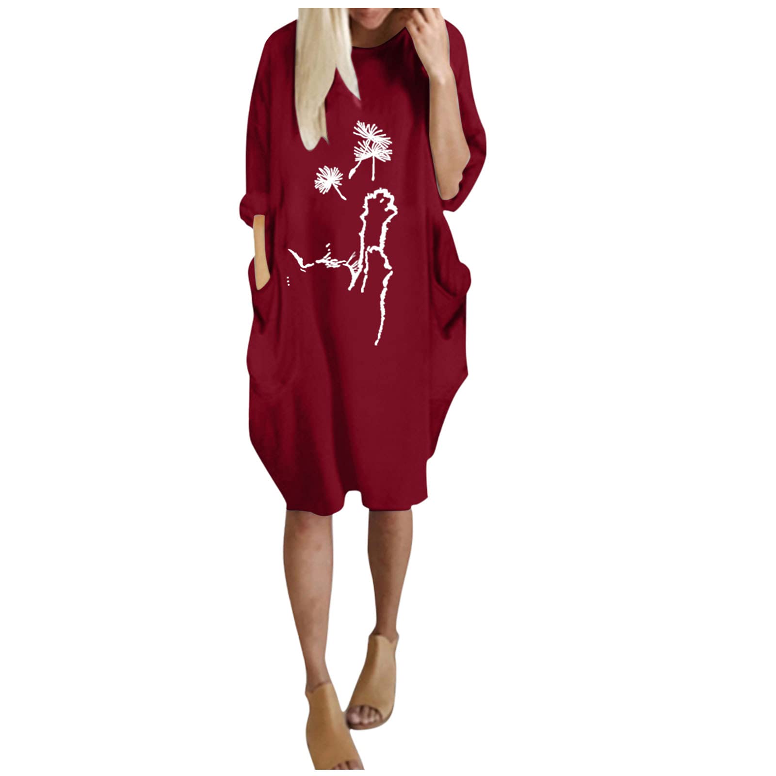 Women's Maxi Casual Dress with Pockets - O Neck Long Sleeve Sundress for Beach, Vacation & Everyday Wear | Summer Flowy Dress for Outdoor Activities