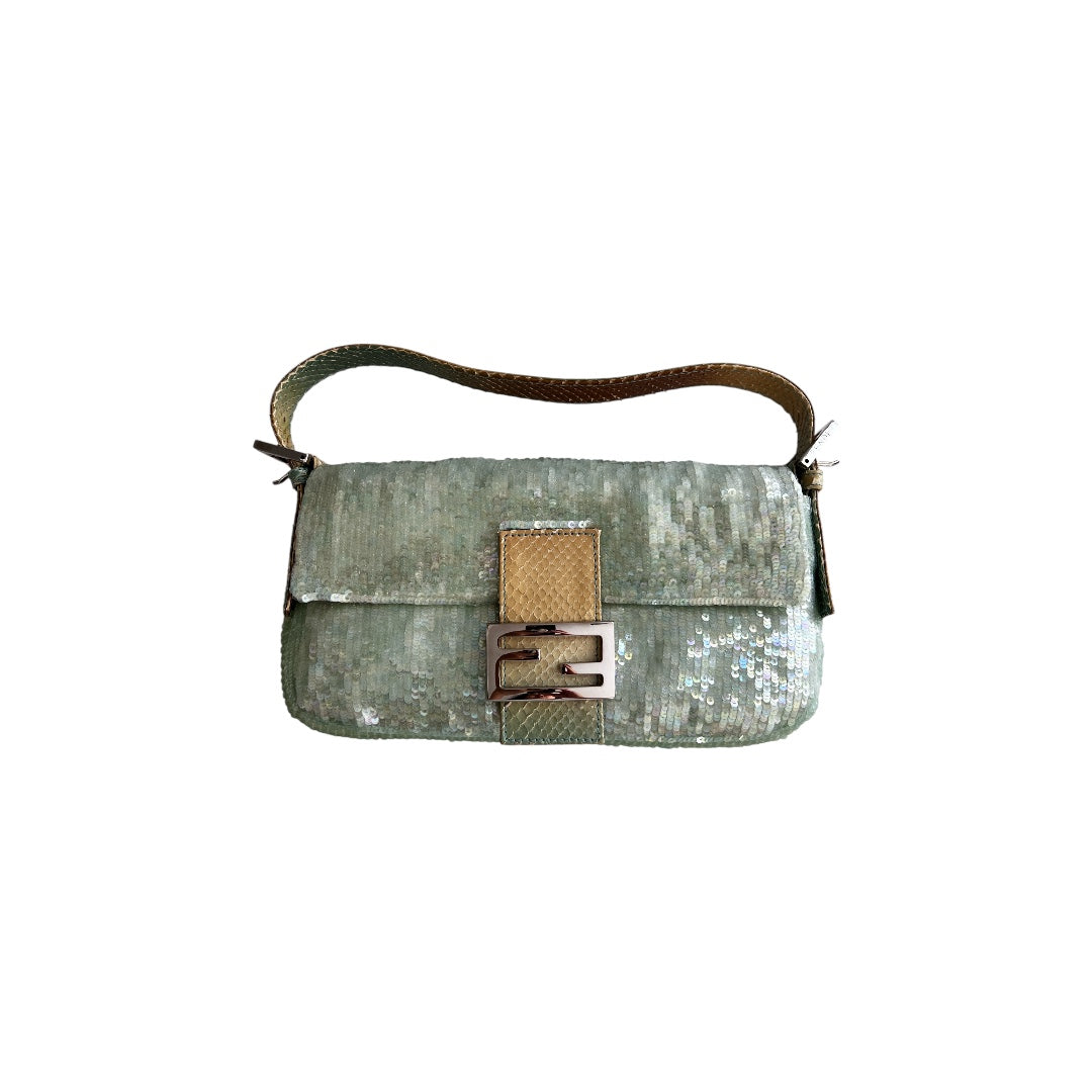 Vintage Fendi Mint Green Sequin Baguette Shoulder Bag - 90s Retro Designer Handbag for Women | Perfect for Evening Parties, Weddings & Special Occasions