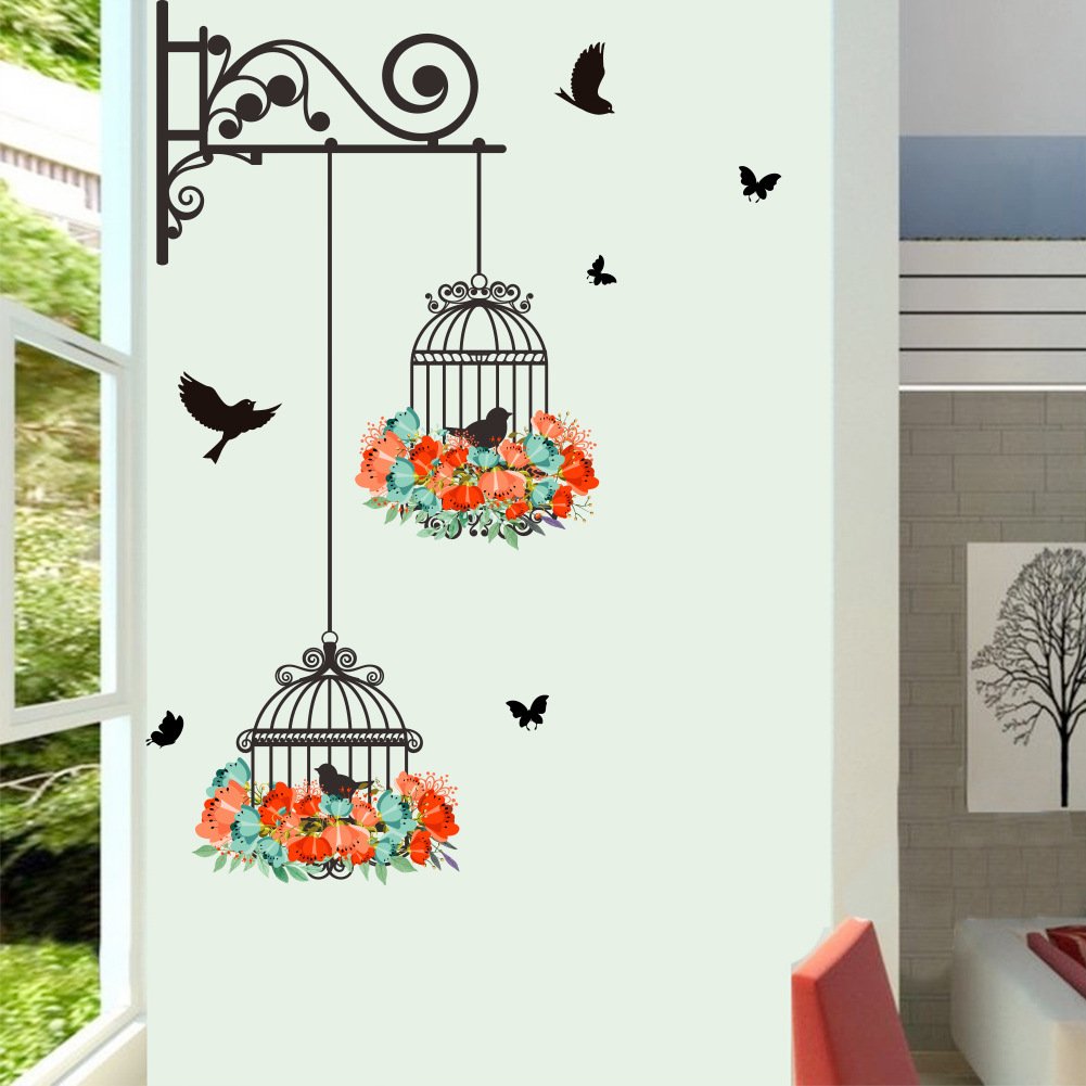 Birdcage Flower & Flying Birds Wall Decals - Removable Vinyl Stickers for Nursery, Kids Room & Living Room Decor - Home Art Mural for Bedroom, Lobby & Playroom - Perfect for Baby Shower Gifts & Wall Decorations