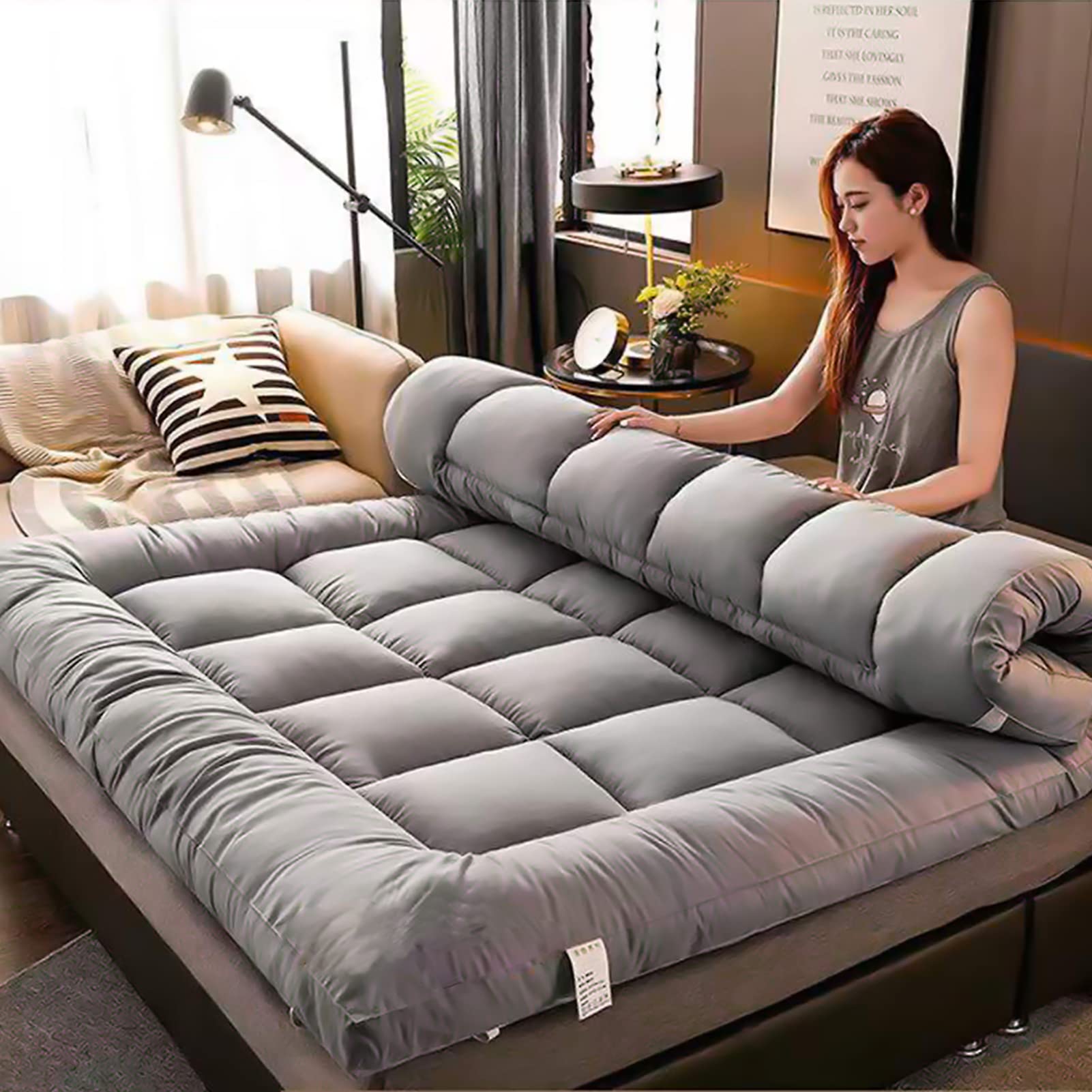 LCYY.JJ Japanese Futon Mattress - Quilted Roll-Up Floor Mattress, Thick & Portable Tatami Sleeping Pad for Dorm, Camping, Guest Bed (Queen Size, Gray) - Perfect for Small Spaces, Sleepovers & Outdoor Adventures