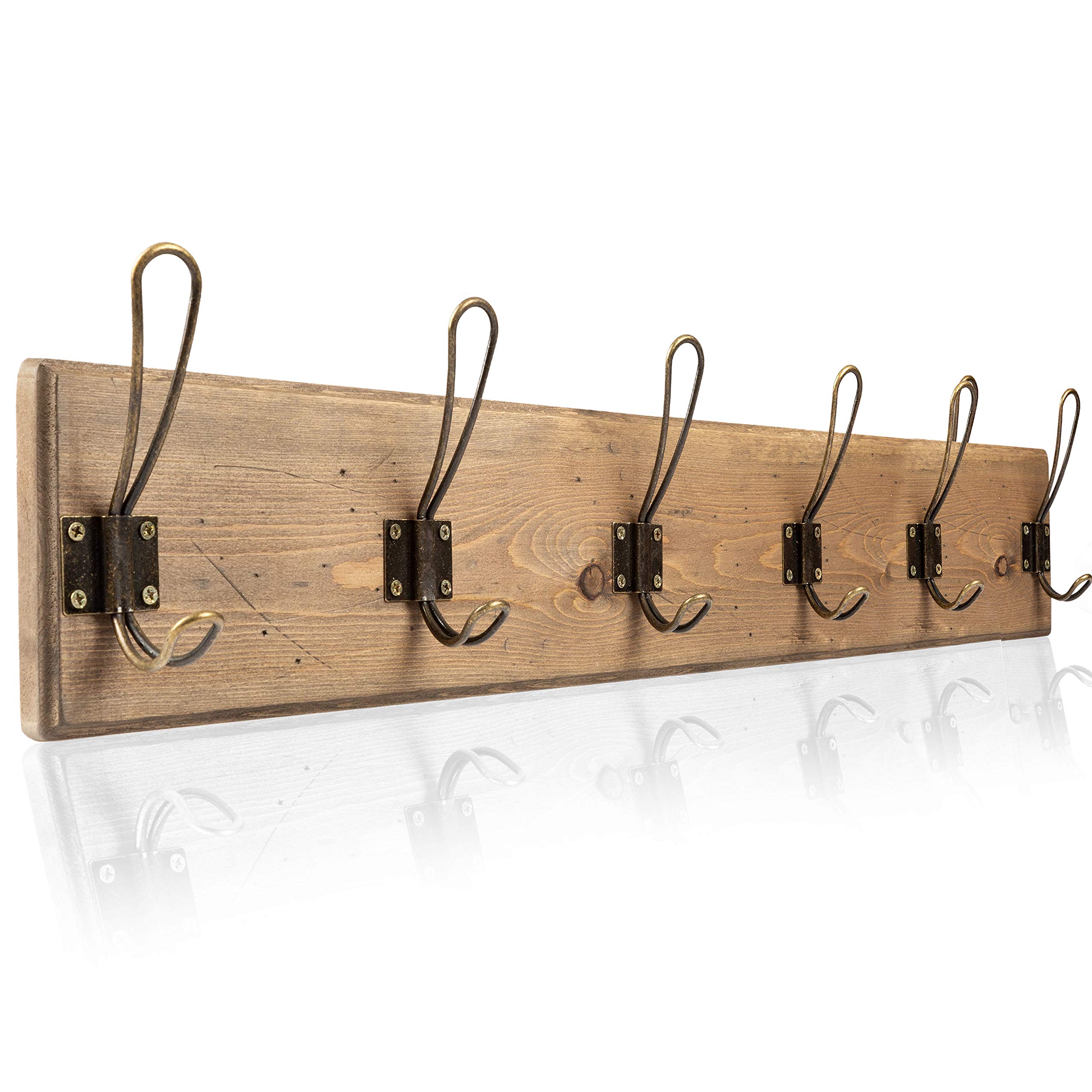 Rustic Wooden Wall Mounted Coat Rack with 6 Antique Brass Hooks - Distressed Wood Entryway Organizer for Hats, Scarves, Bags & Jackets - Perfect for Hallway, Mudroom, Bedroom & Apartment Decor