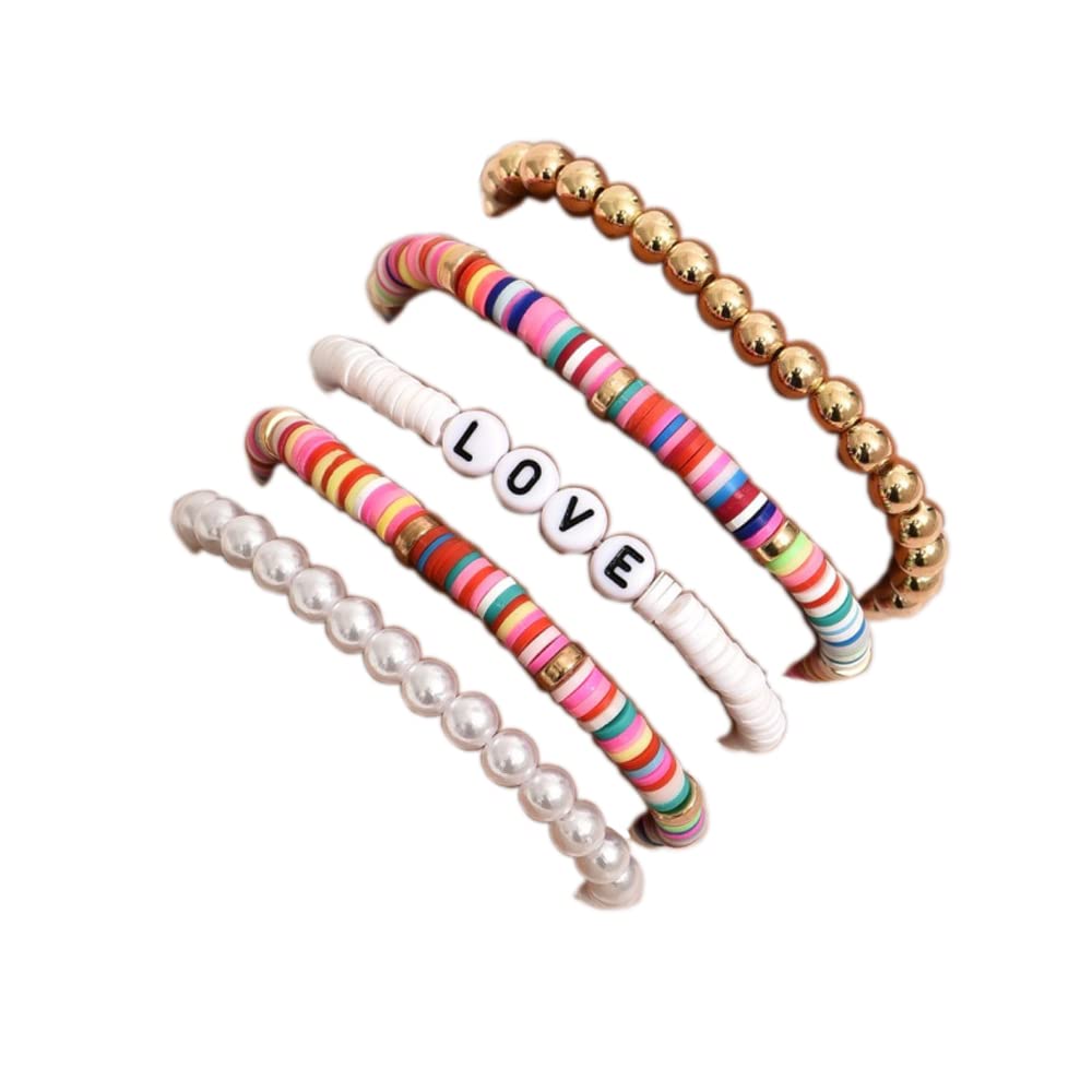 5 Pcs Bohemian Colorful Clay Beaded Stackable Bracelets Set - Handmade Polymer Clay & Faux Pearl Beads Love Bracelets for Women & Girls - Perfect for Festivals, Parties, and Everyday Boho Jewelry