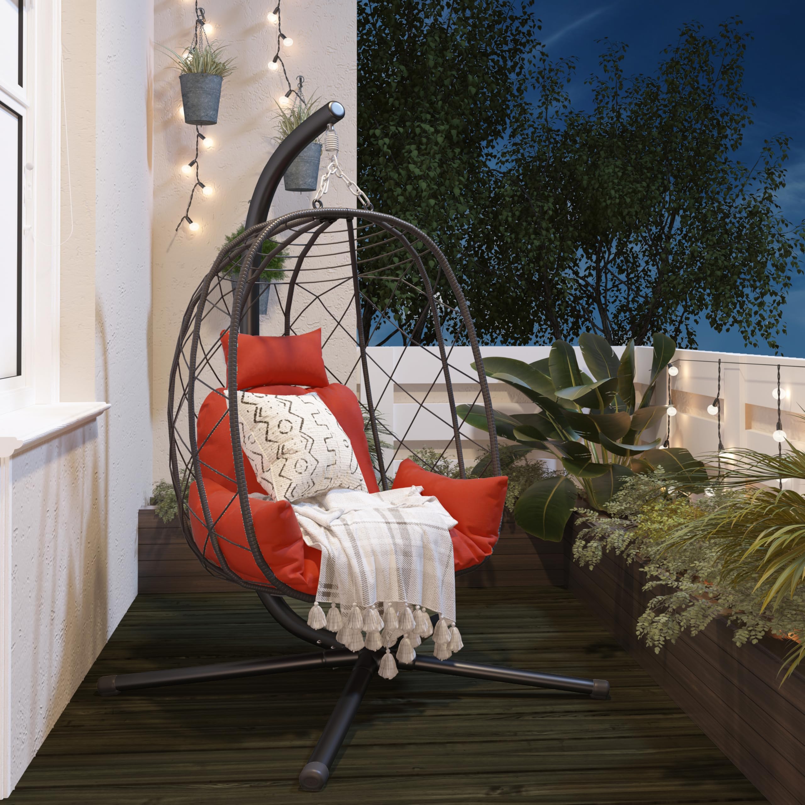 Egg Hanging Swing Chair with Stand & Cushion - 350lbs Capacity Wicker Patio Egg Chair for Indoor/Outdoor Use - Perfect for Bedroom, Garden, Balcony & Relaxation