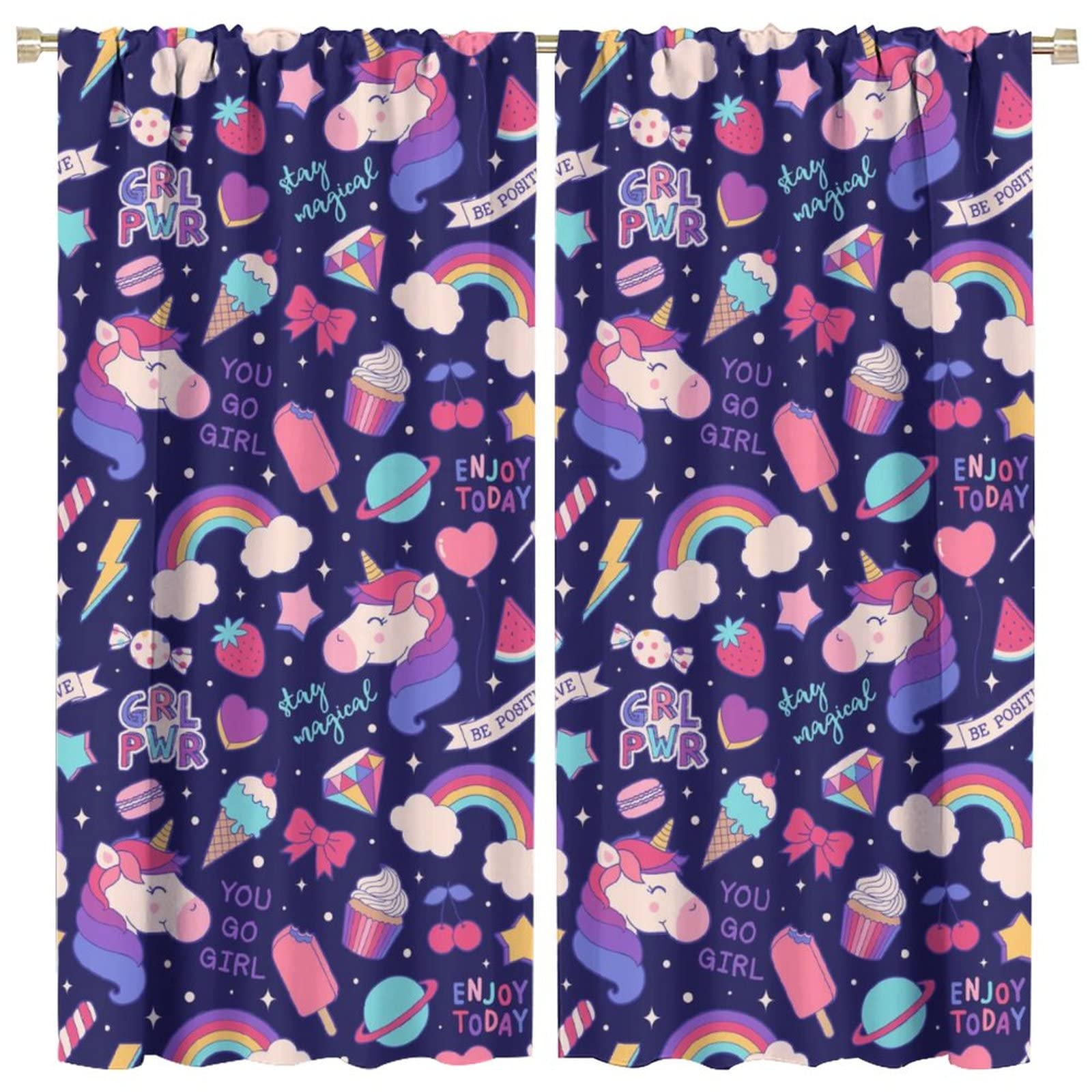 Rainbow Unicorn Blackout Curtains for Kids Room - Purple Cartoon Stars & Fruit Candy Ice Cream Design - 42x45 Inch Darkening Window Drapes for Nursery, Bedroom & Living Room - Perfect for Sleep, Playrooms & Themed Decor
