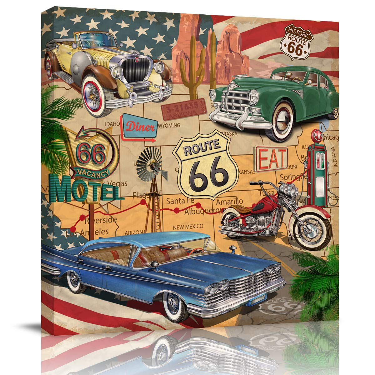 Route 66 Wall Art - Framed Canvas Print from Los Angeles to Chicago - 8x8 Inch Modern Map Painting for Office, Living Room, Kitchen & Bathroom Decor - Perfect for Travel Enthusiasts & Road Trip Themed Spaces