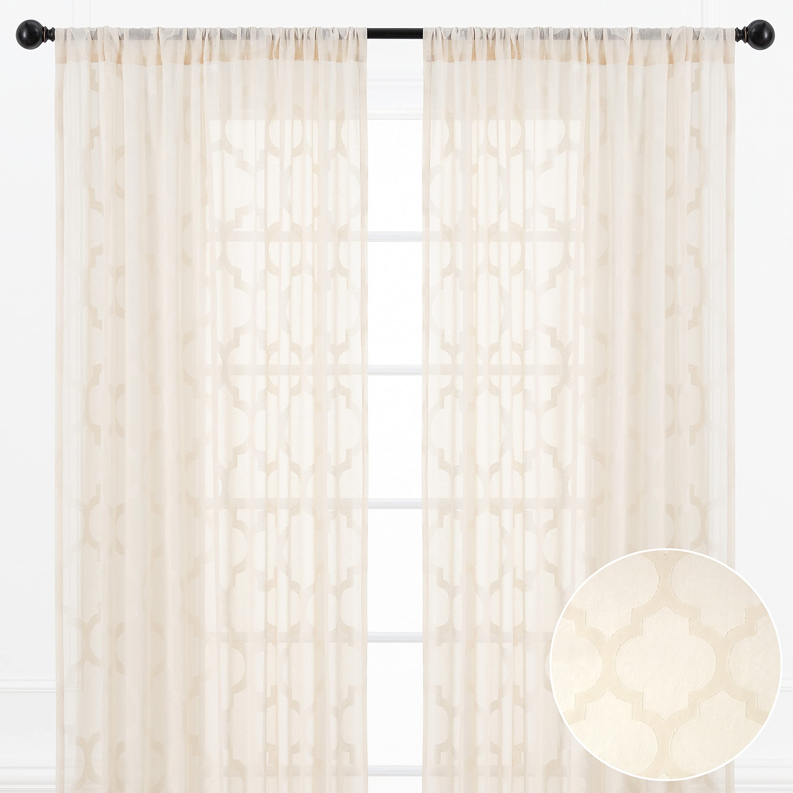 Chanasya Beige Sheer Voile Curtains - Quatrefoil Textured Light Filtering Window Drapes for Living Room, Bedroom & Kitchen - 96 Inch Long Geometric Curtains with Rod Pocket (2-Panel Set) - Perfect for Modern Homes, Apartments and Sunlit Spaces