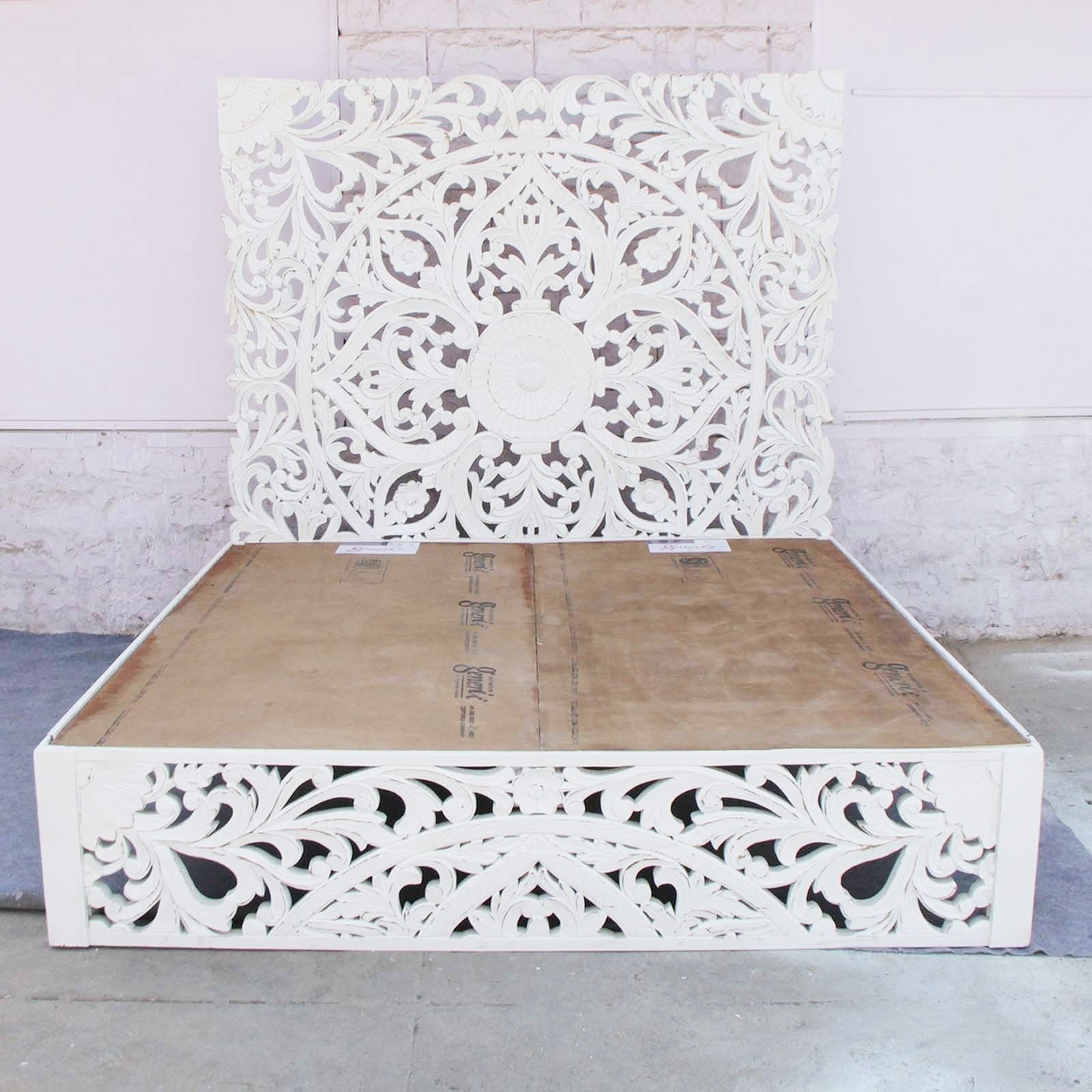 Hand Carved Indian Solid Wooden Amani Bed Frame - Queen Size White - Elegant Boho Bedroom Furniture for Master Bedroom or Guest Room