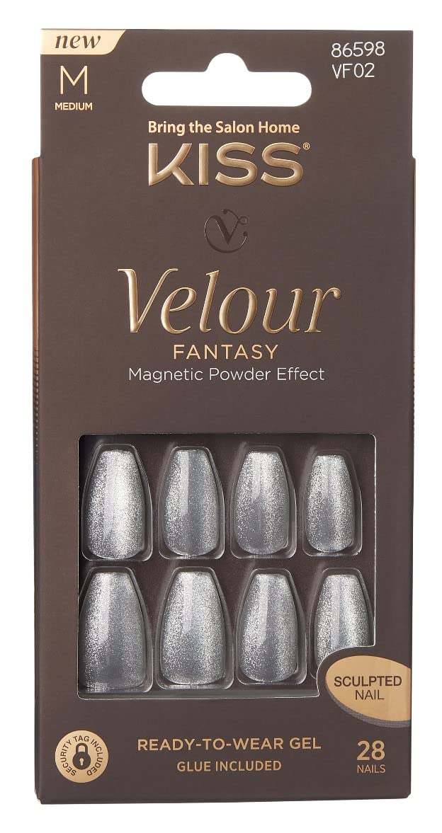 Kiss Velour Fantasy Press-On Nails - 28 Count Medium Silver (Pack of 2) | Easy Fake Nails for Women | Perfect for Parties, Weddings & Special Occasions