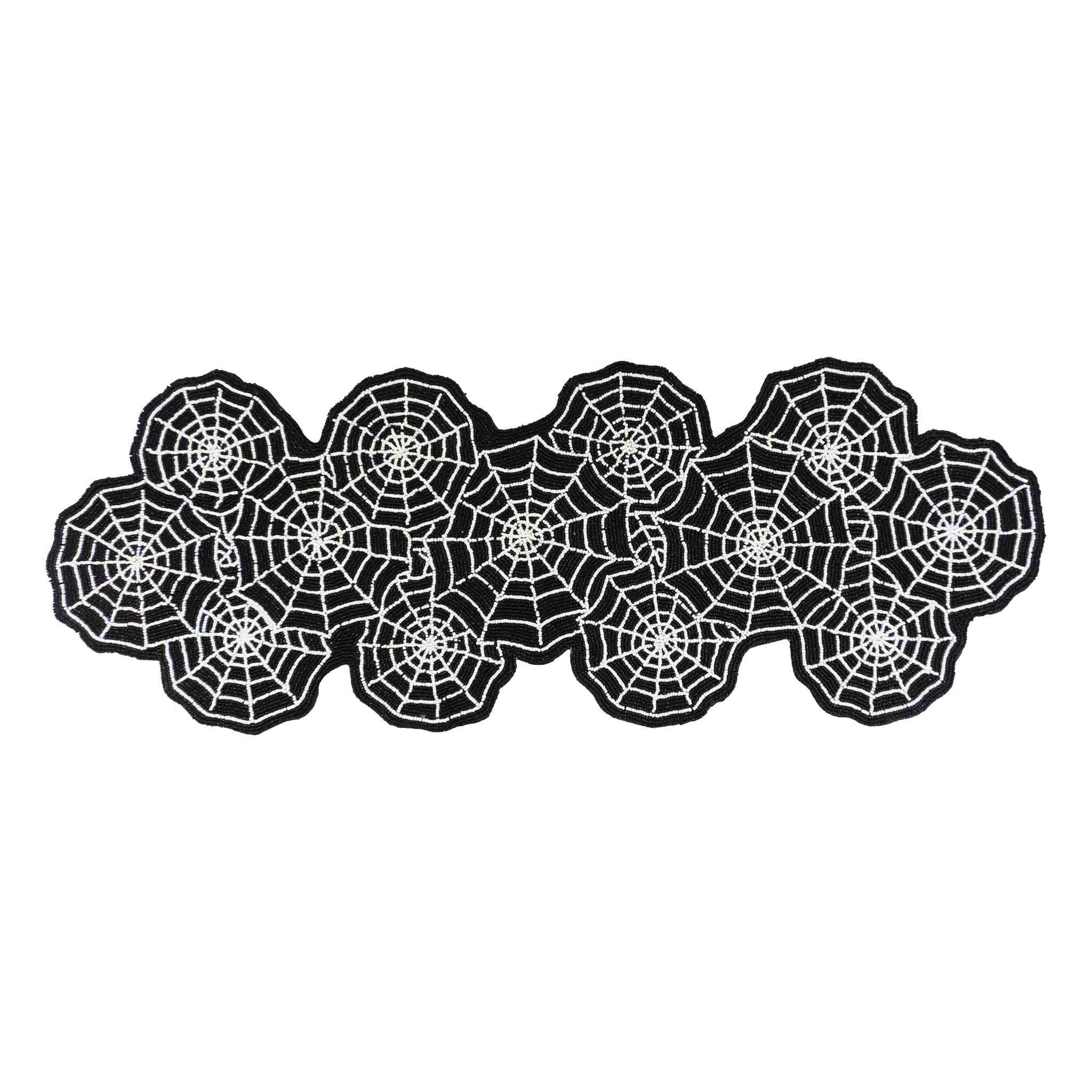Spiderweb Halloween Beaded Table Runner - Black & Silver Elegant Decor for Dining Table, Party, and Holiday Celebrations