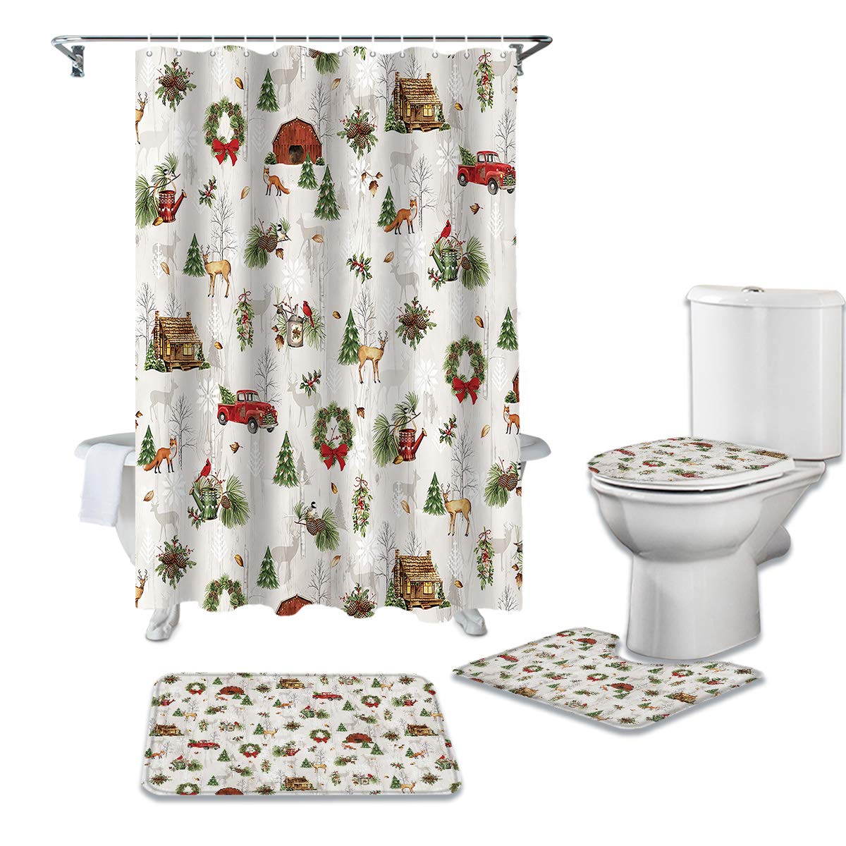 4-Piece Christmas Shower Curtain Set with Non-Slip Bath Rugs - Waterproof Farmhouse Pine Cone Design, Soft Bathroom Mats, U-Shaped Toilet Pad & Lid Covers (Red Truck Elk Theme) - Perfect for Holiday Bathroom Decor & Cozy Winter Home Styling