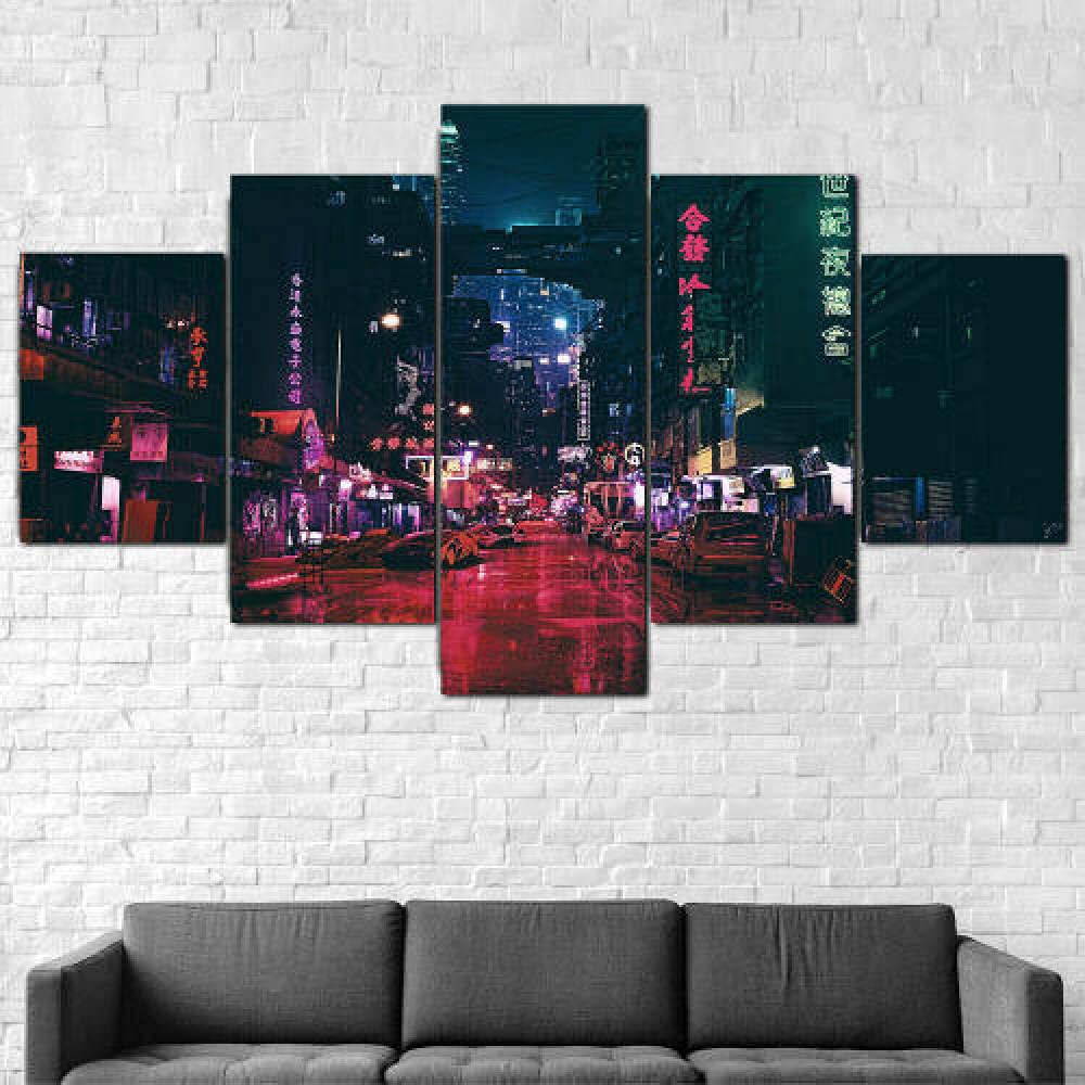 5-Panel Cyberpunk Futuristic City Canvas Wall Art - Modern Framed Paintings for Home & Office Decor | Sci-Fi Fiction Poster Set for Living Room, Bedroom & Gaming Room