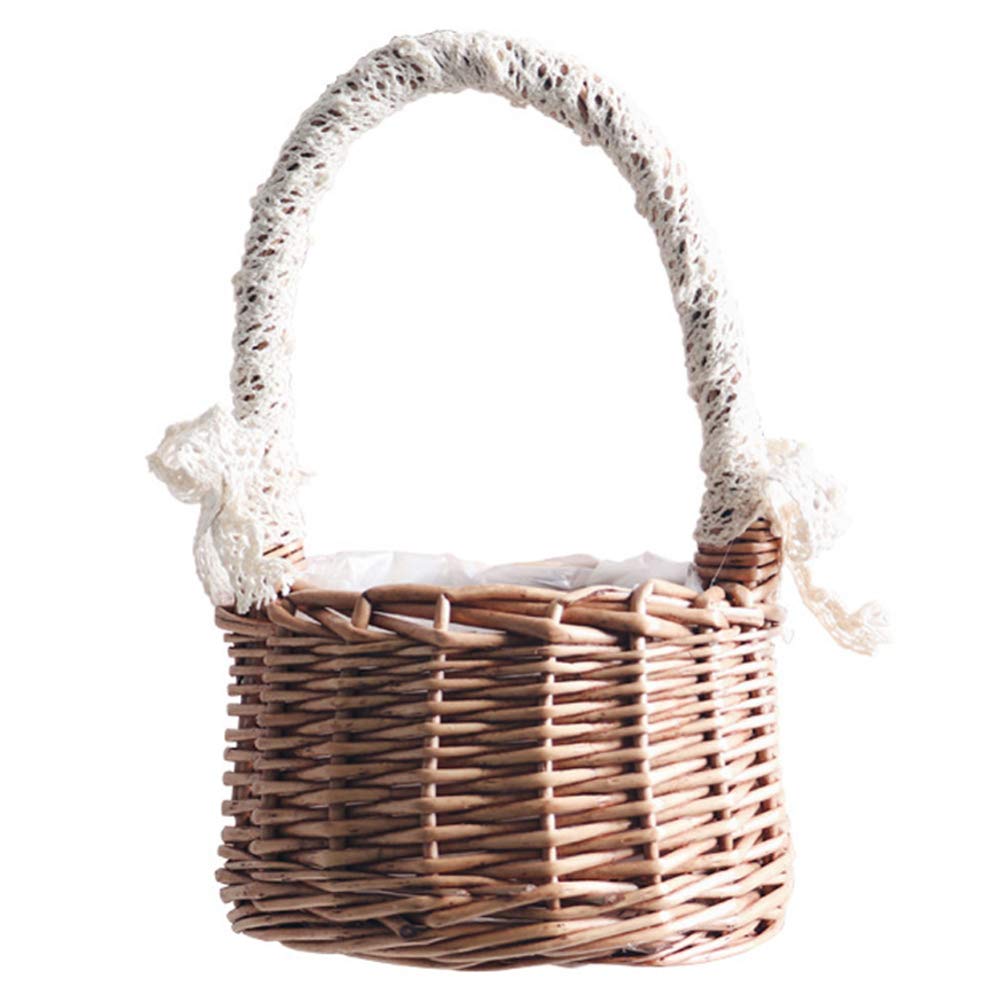 Handwoven Wicker Storage Basket with Handle & Ribbon - Rattan Plant Basket for Wedding Flower Girl, Home Decor, Garden Organization - Perfect for Bridal Showers, Baby Showers, and Rustic Home Decor