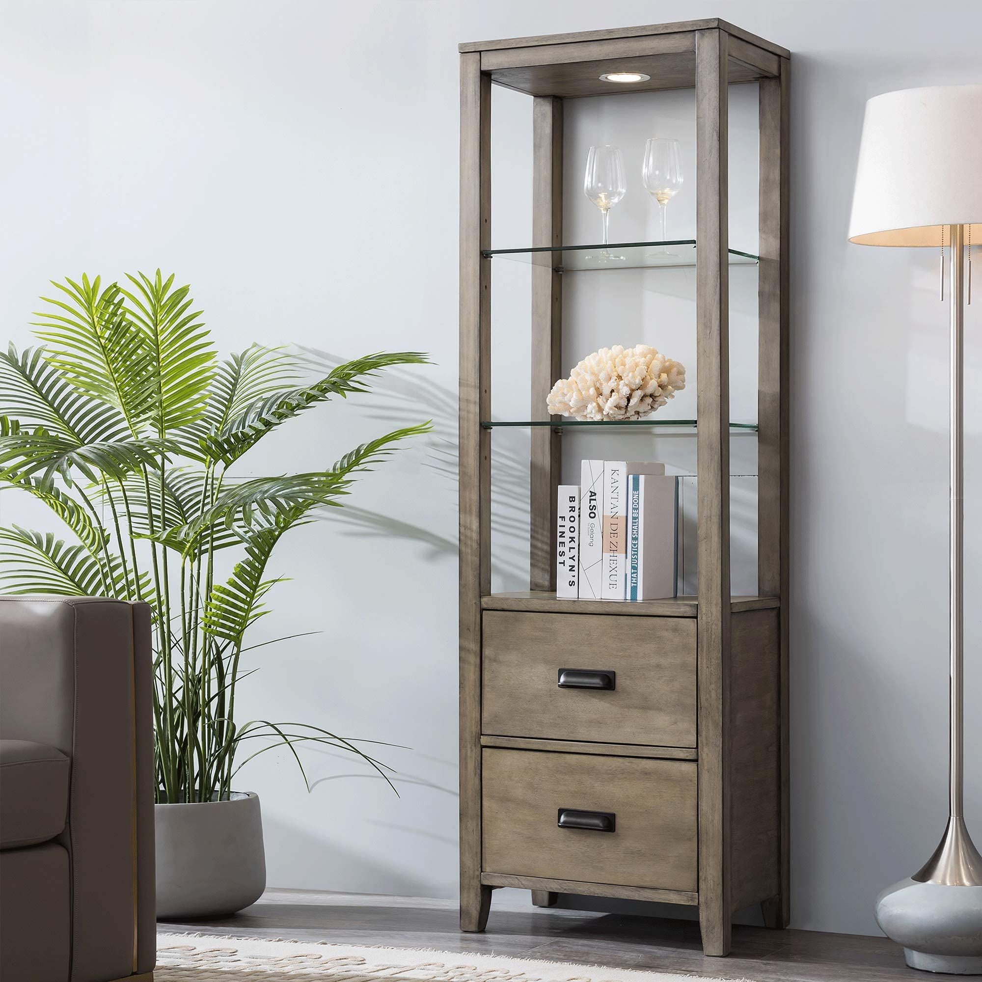 LEEMTORIG Antique Grey Bookshelf with 2 Drawers & 3 Shelves - Retro Wood Storage Bookcase for CDs, Movies, Books - Living Room, Bedroom & Home Office Organizer - Perfect for Displaying Collections & Creating Cozy Reading Nooks