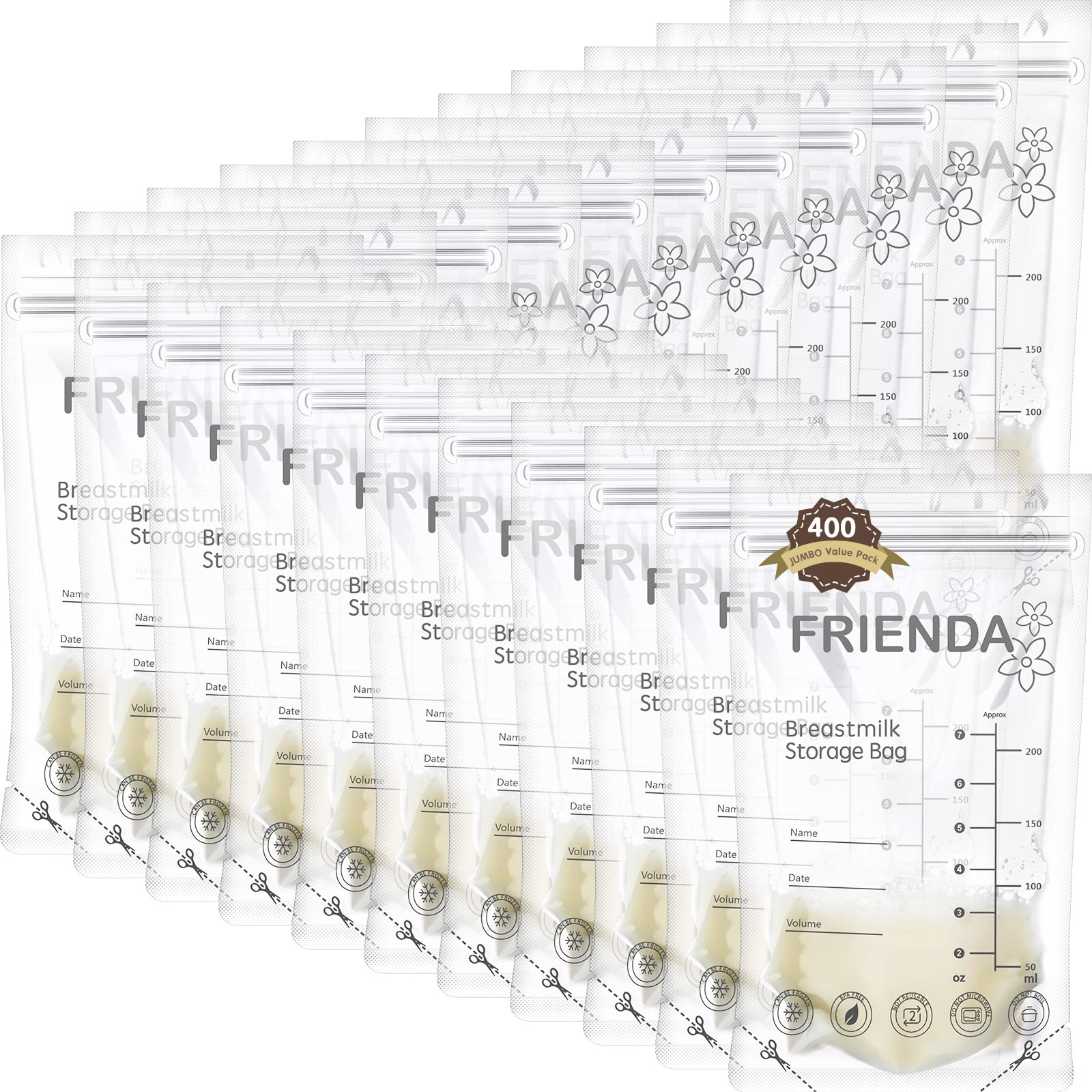 400 Count Breastmilk Storage Bags - 7 oz Leakproof Breast Milk Bags with Double Seal, Self Standing Design for Easy Storage | Perfect for Pumping, Freezing & Organizing Breast Milk