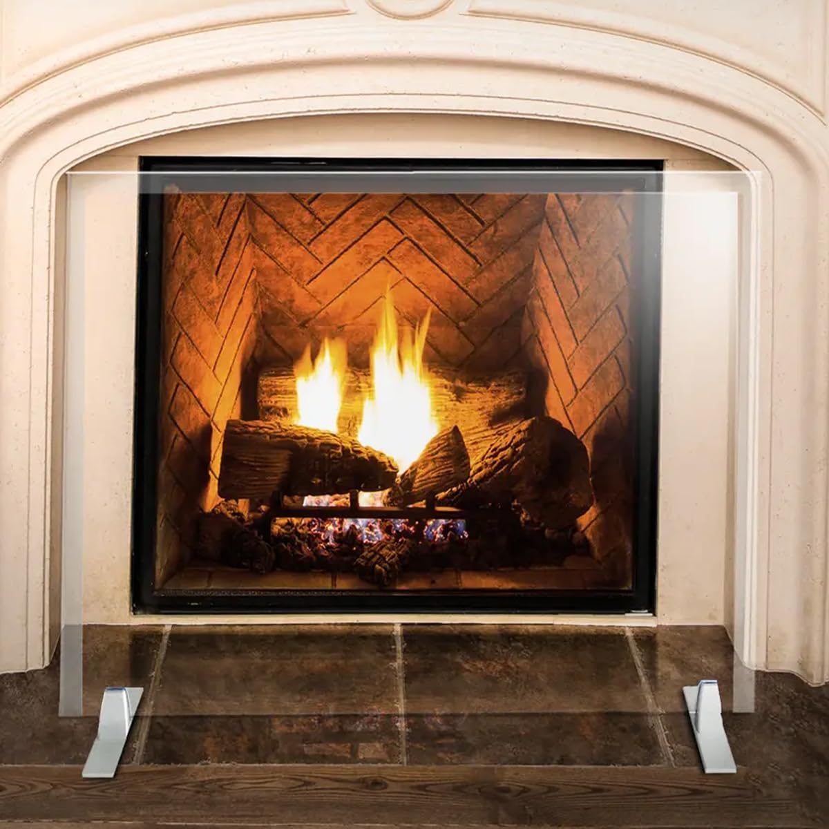 Premium Tempered Glass Fireplace Screen with Beveled Edge - 26