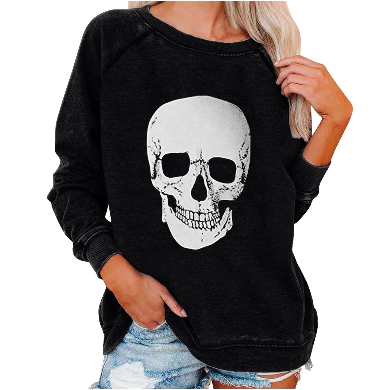 Women's Casual Long Sleeve Round Neck Pullover T-Shirt - Gothic Skeleton Print Loose Blouse & Sweatshirt for Everyday Wear, Halloween Costume or Gothic Fashion Outfits