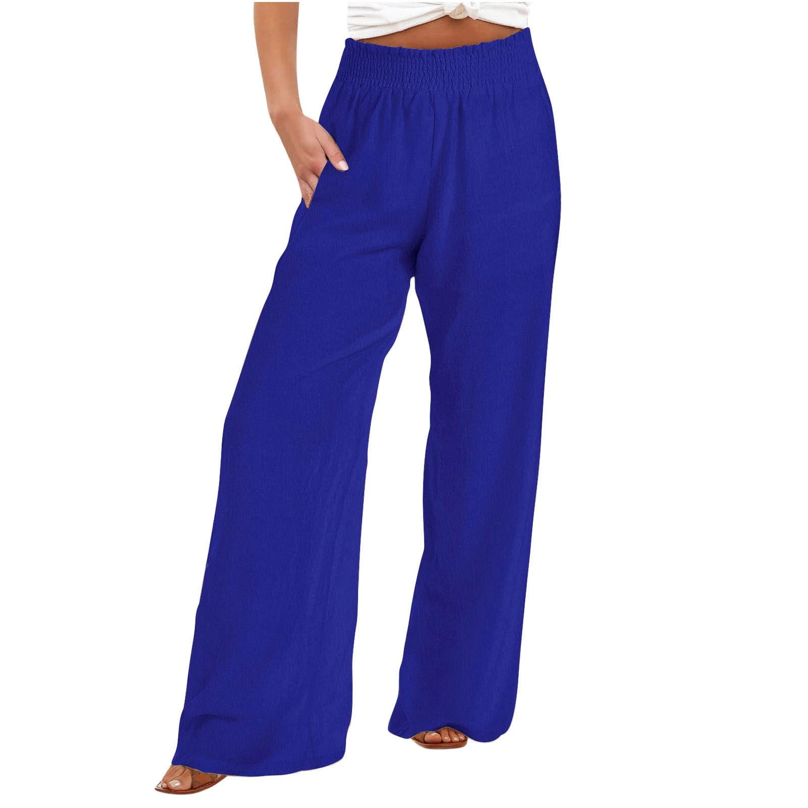 Women's Elastic High Waist Wide Leg Loose Cotton Linen Pants with Pockets - Casual Solid Long Trousers for Work, Travel & Everyday Wear