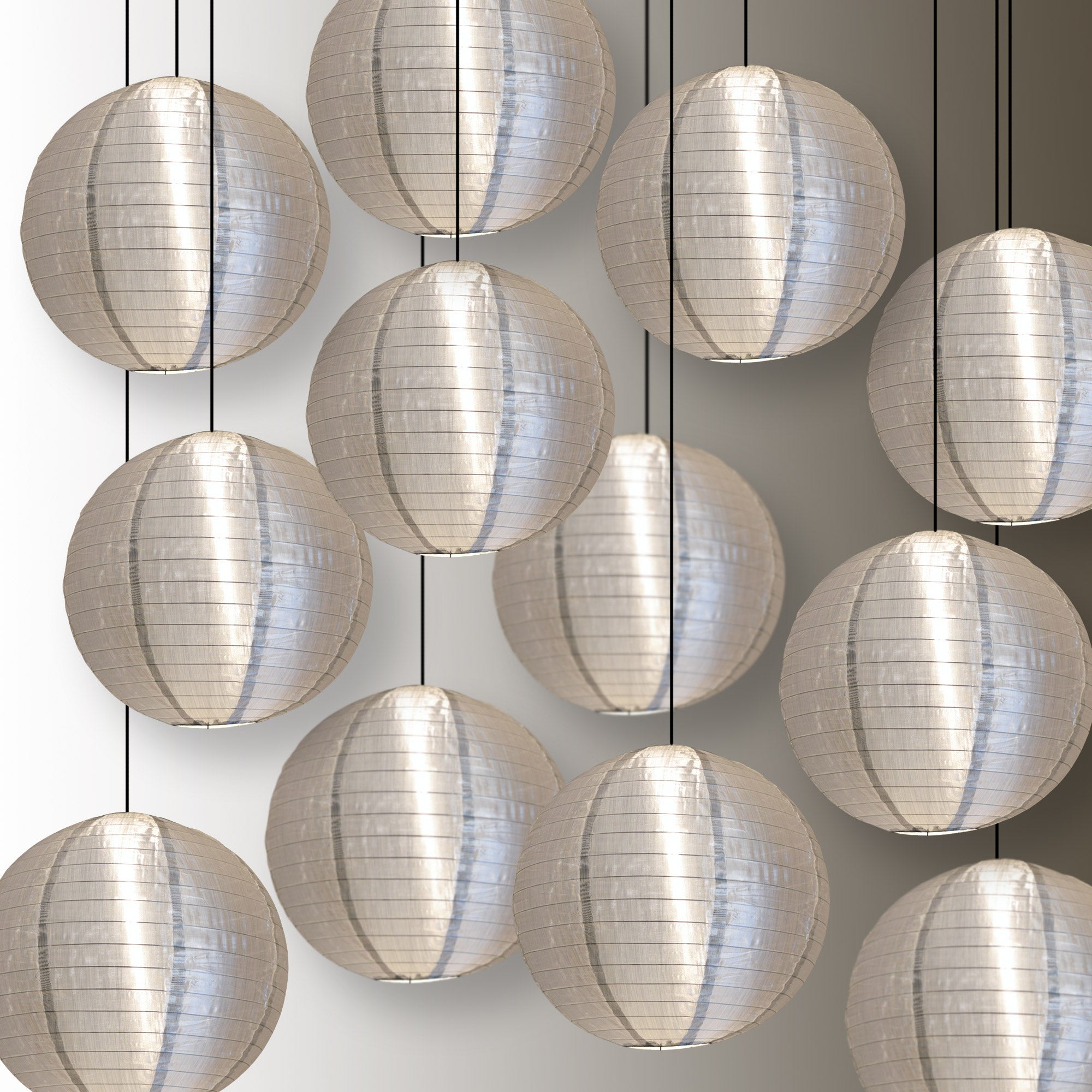12 Pack Silver Shimmering Nylon Lanterns - Even Ribbing, Durable Hanging Decorations for Wedding, Party & Home Decoration