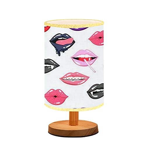 Minimalist Wooden Nightstand Lamp with Flaxen Fabric Shade - Sexy Lips Pattern Bedside Table Light for Bedroom, Living Room & Nursing (Breastfeeding Friendly) - Perfect for Reading, Relaxation & Nighttime Feedings