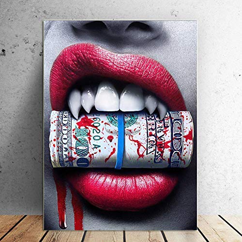 Sexy Red Lips with Money Dollars Canvas Art Print - Modern Home Decor Oil Painting for Living Room, Office, Bar - Wooden Framed Wall Art (28x40 Inch) - Perfect Gift Idea for Birthday, Housewarming & Wedding