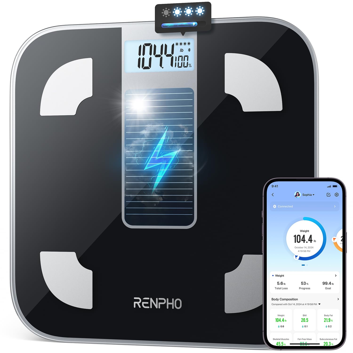 Renpho Solar-Powered Smart Body Weight Scale - Bluetooth Digital Bathroom Scale with Body Fat & Composition Analysis, No Batteries Needed, 400 lbs Capacity - Perfect for Home Gym, Fitness Tracking & Health Monitoring