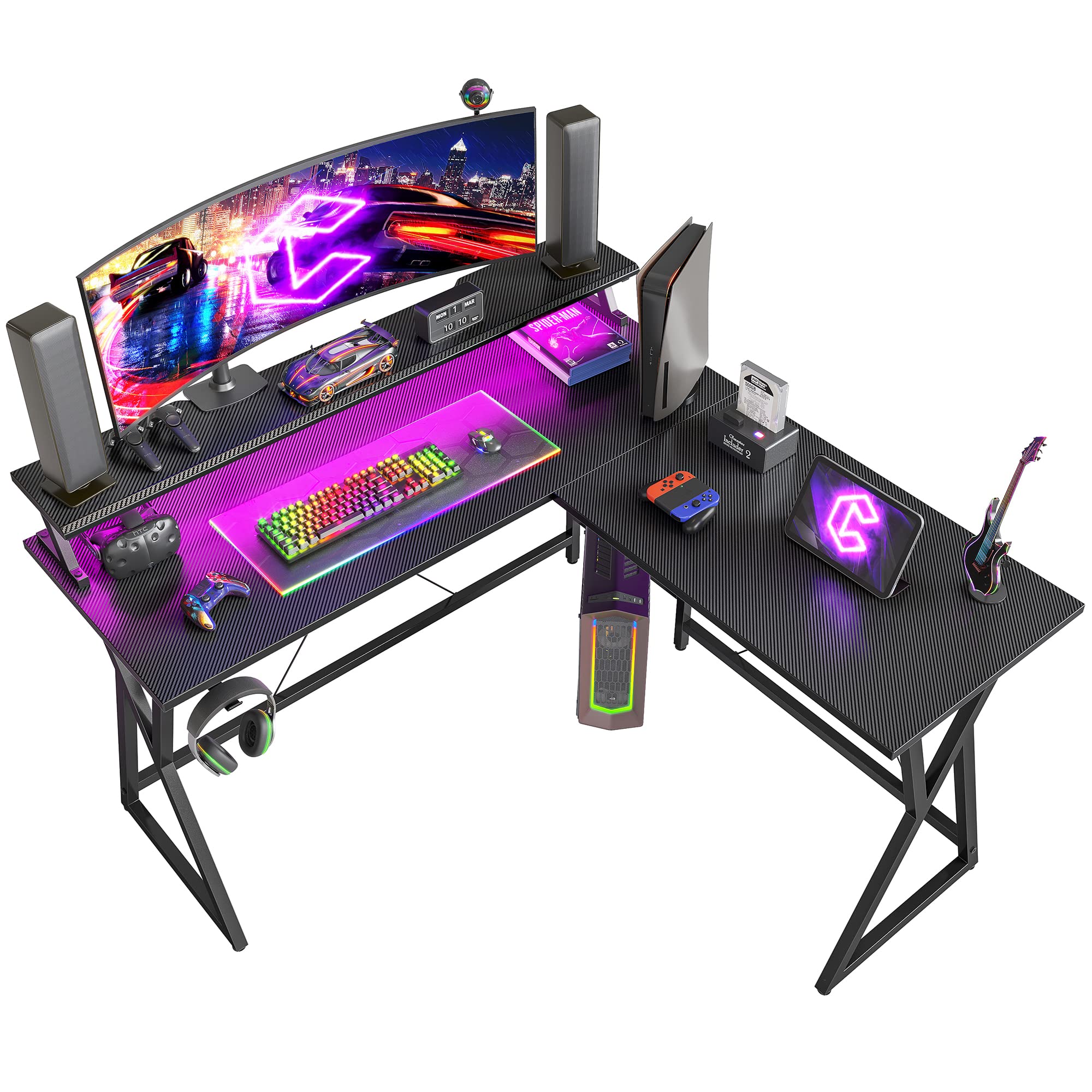 CubiCubi 51 Inch L-Shaped Gaming Desk with LED Lights & Monitor Stand - Ergonomic Computer Desk for Gamers, PC Corner Workstation with Headphone Hook - Perfect for Gaming Setups, Home Office & Streaming Stations