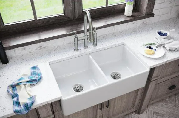 ELKAY Burnham White Fireclay 33-Inch Double Bowl Farmhouse Apron Kitchen Sink - Perfect for Modern Farmhouse & Rustic Style Kitchens