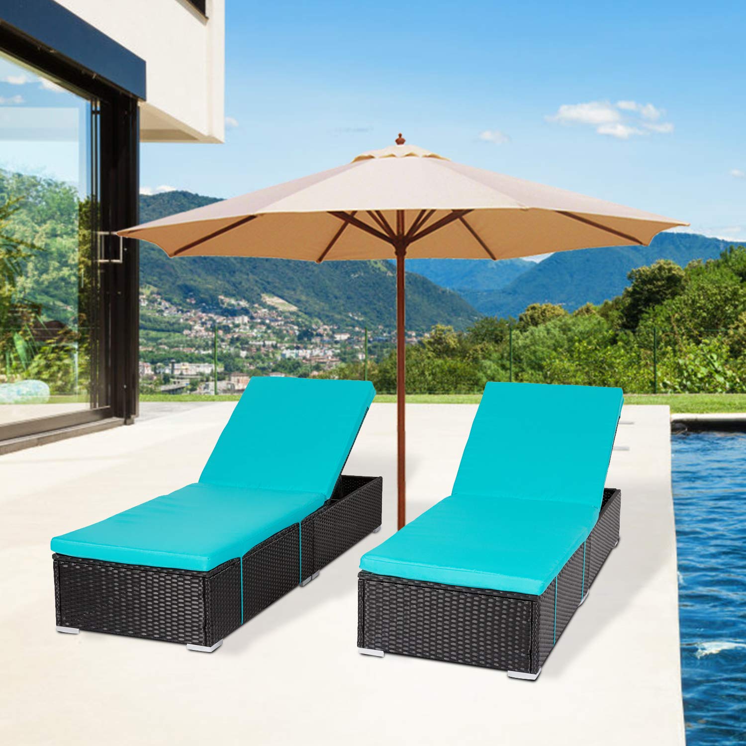 Kinsunny 2-Piece PE Wicker Chaise Lounge Set - Adjustable Reclining Poolside Chairs with Turquoise Cushions, Outdoor Patio Furniture for Backyard, Garden, Beach & Poolside Relaxation