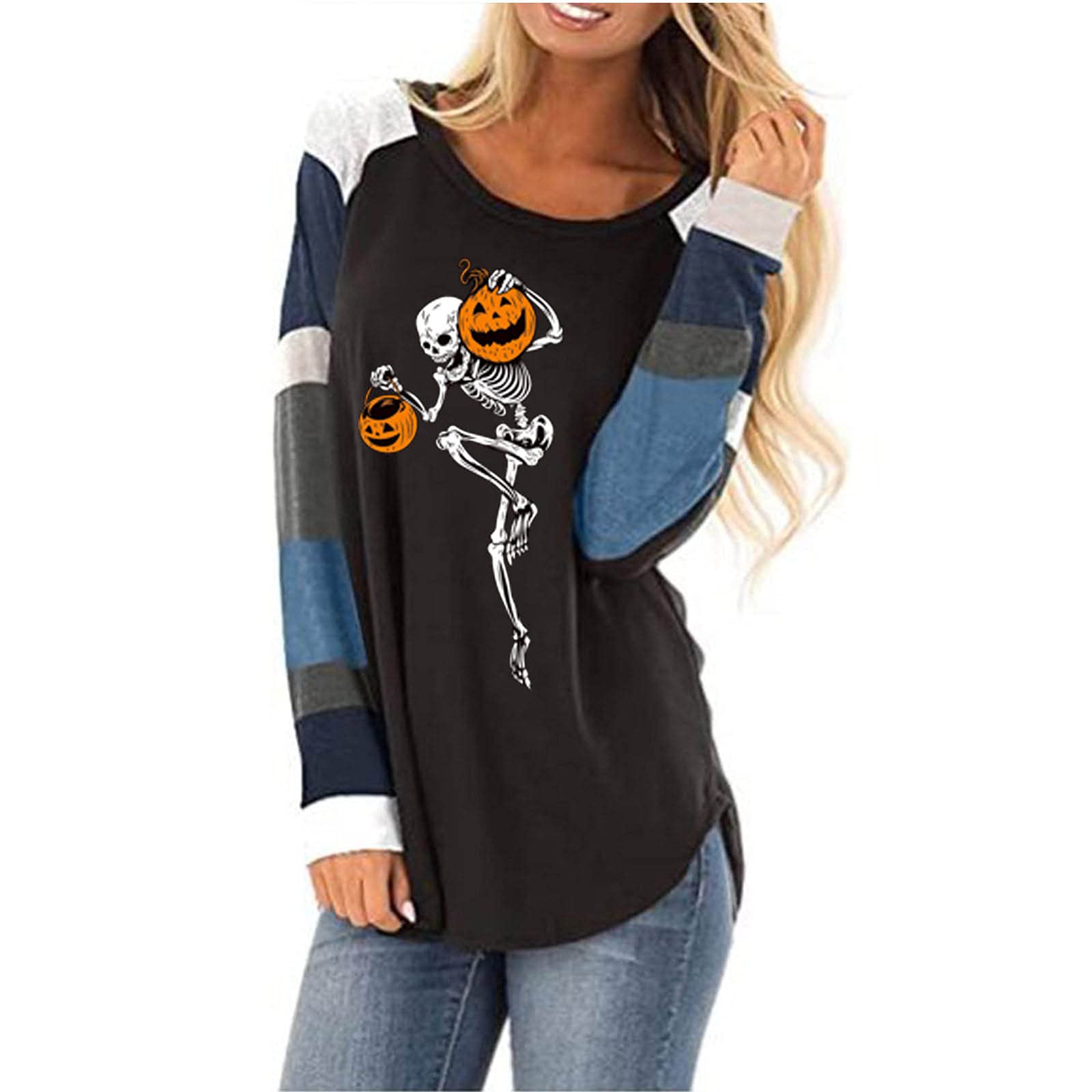 Women's Long Sleeve Halloween Shirt - Skull & Pumpkin Print Blouse, Color Block Tunic Top, Crewneck Pullover Sweater for Fall Parties & Casual Outfits