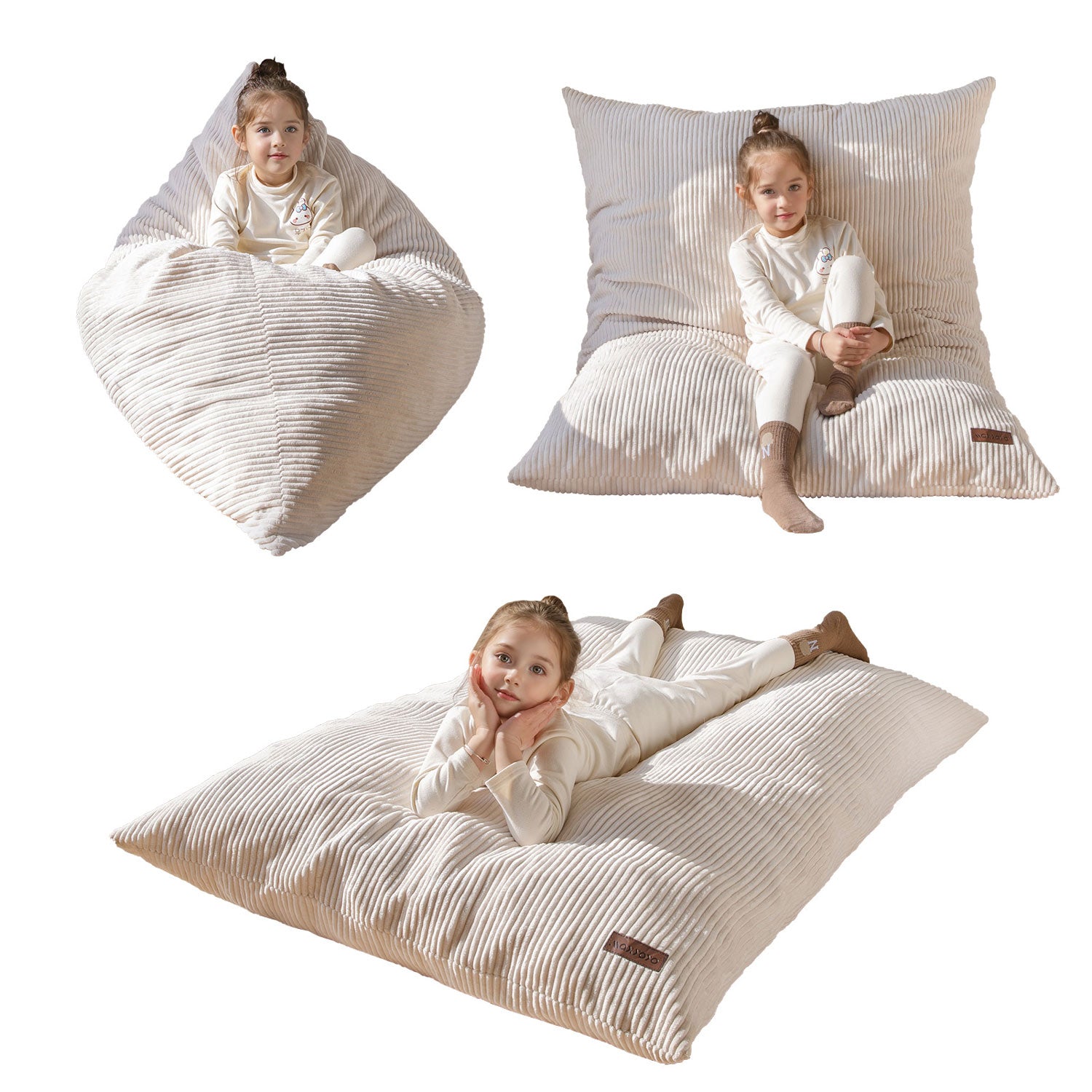 MAXYOYO 3-in-1 Convertible Kids Bean Bag Chair & Bed - Multi-Functional Floor Sofa for Children's Room, Gaming, Reading & Nap Time - Soft Beige Fabric for Comfort & Style