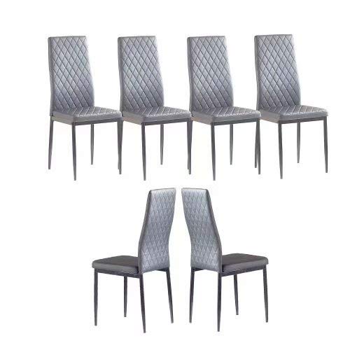 Modern Minimalist Dining Chairs Set of 6 - Fireproof Leather Upholstery with Diamond Grid Pattern, Sprayed Metal Pipe Frame - Gray IANIYA for Restaurant, Home & Conference Room Use